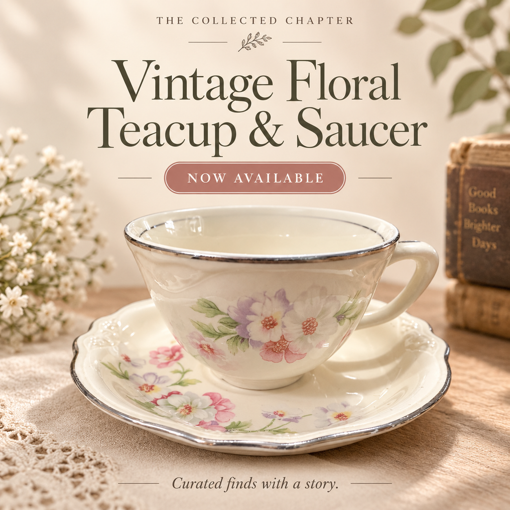 Vintage Floral Teacup & Saucer – Pink Flowers, Ivory China & Silver Trim