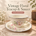 Vintage Floral Teacup & Saucer – Pink Flowers, Ivory China & Silver Trim