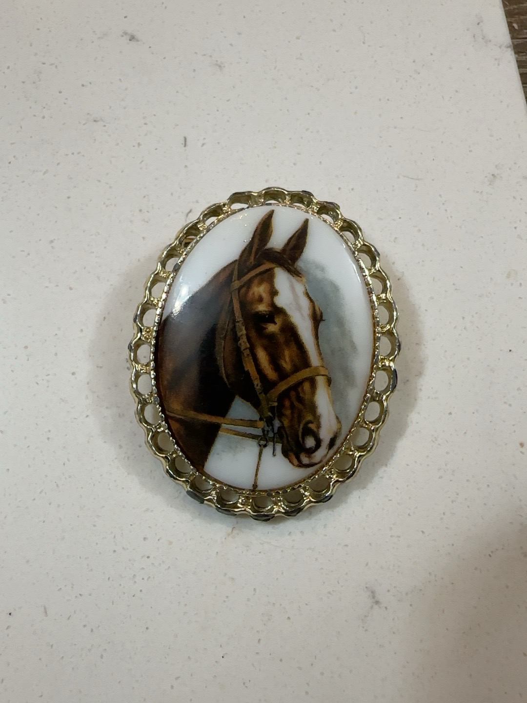 Vintage Horse Portrait Brooch | Equestrian Porcelain Cameo Pin | Gold Tone Horse Jewelry | Horse Lover Gift Western Riding Jewelry
