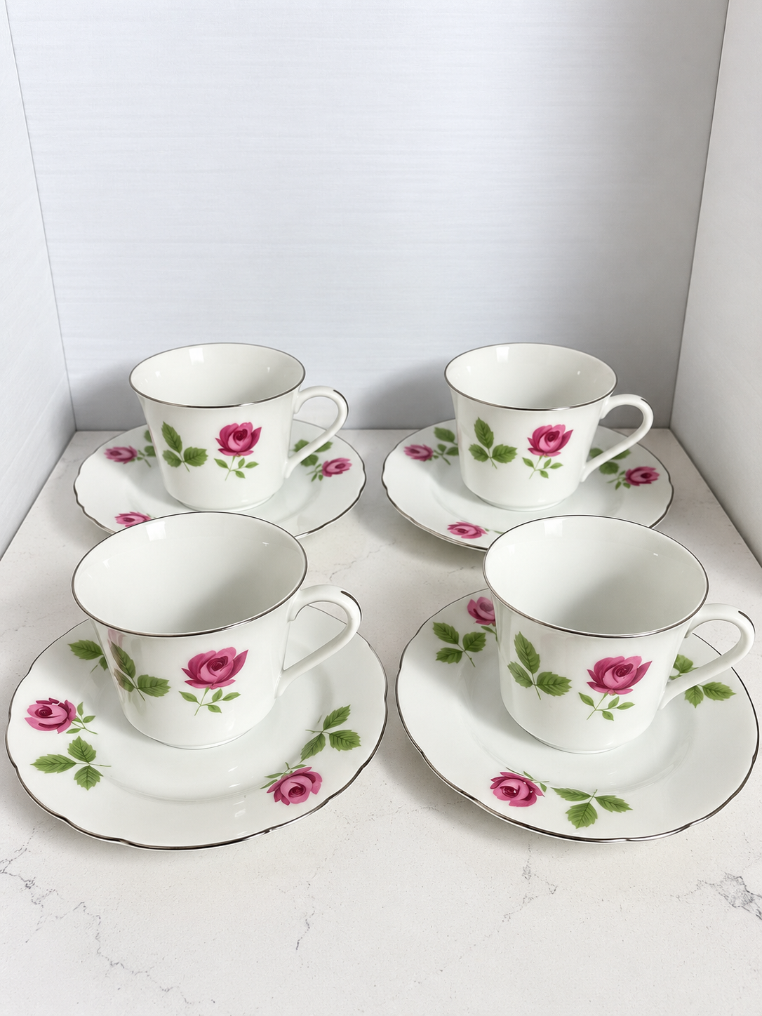 Vintage Fine China Japan Pink Rose Cups & Saucers – Set of 4 – Silver Trim – 8 Pieces