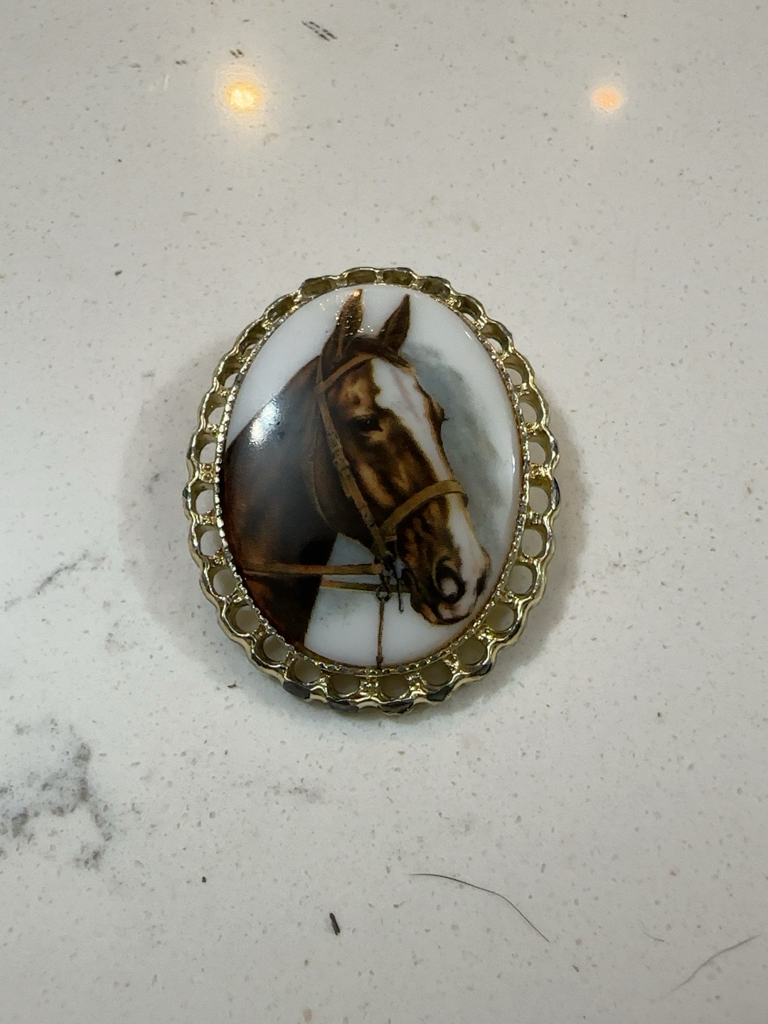 Vintage Horse Portrait Brooch | Equestrian Porcelain Cameo Pin | Gold Tone Horse Jewelry | Horse Lover Gift Western Riding Jewelry