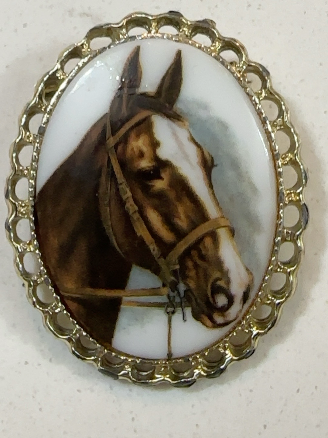 Vintage Horse Portrait Brooch | Equestrian Porcelain Cameo Pin | Gold Tone Horse Jewelry | Horse Lover Gift Western Riding Jewelry