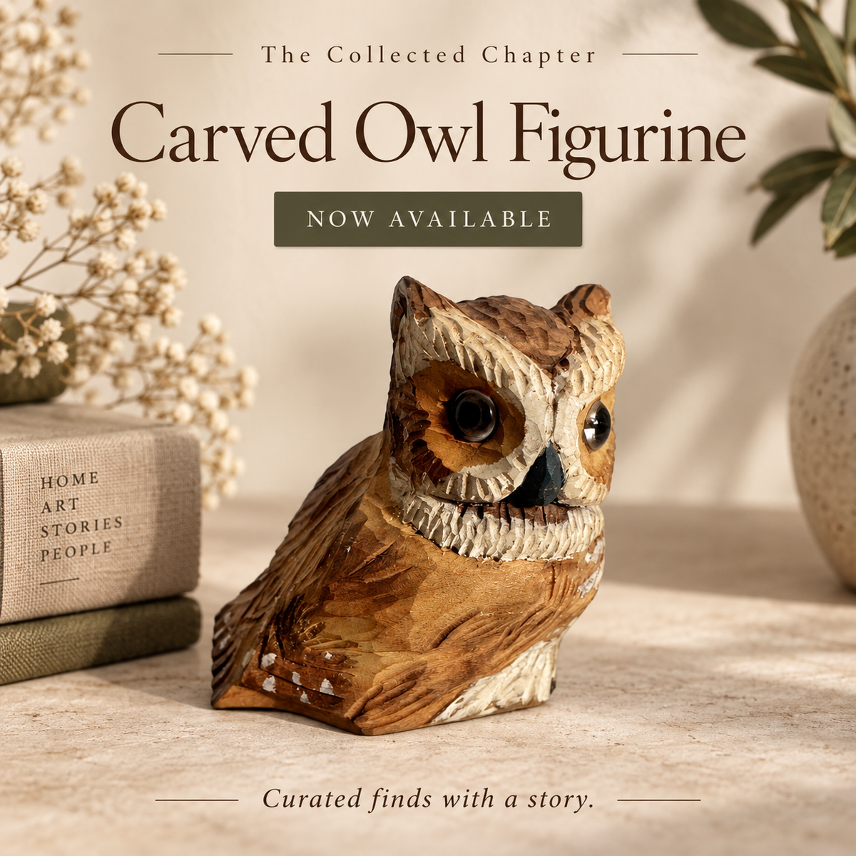 Vintage Hand-Carved Wooden Owl Figurine – 3"