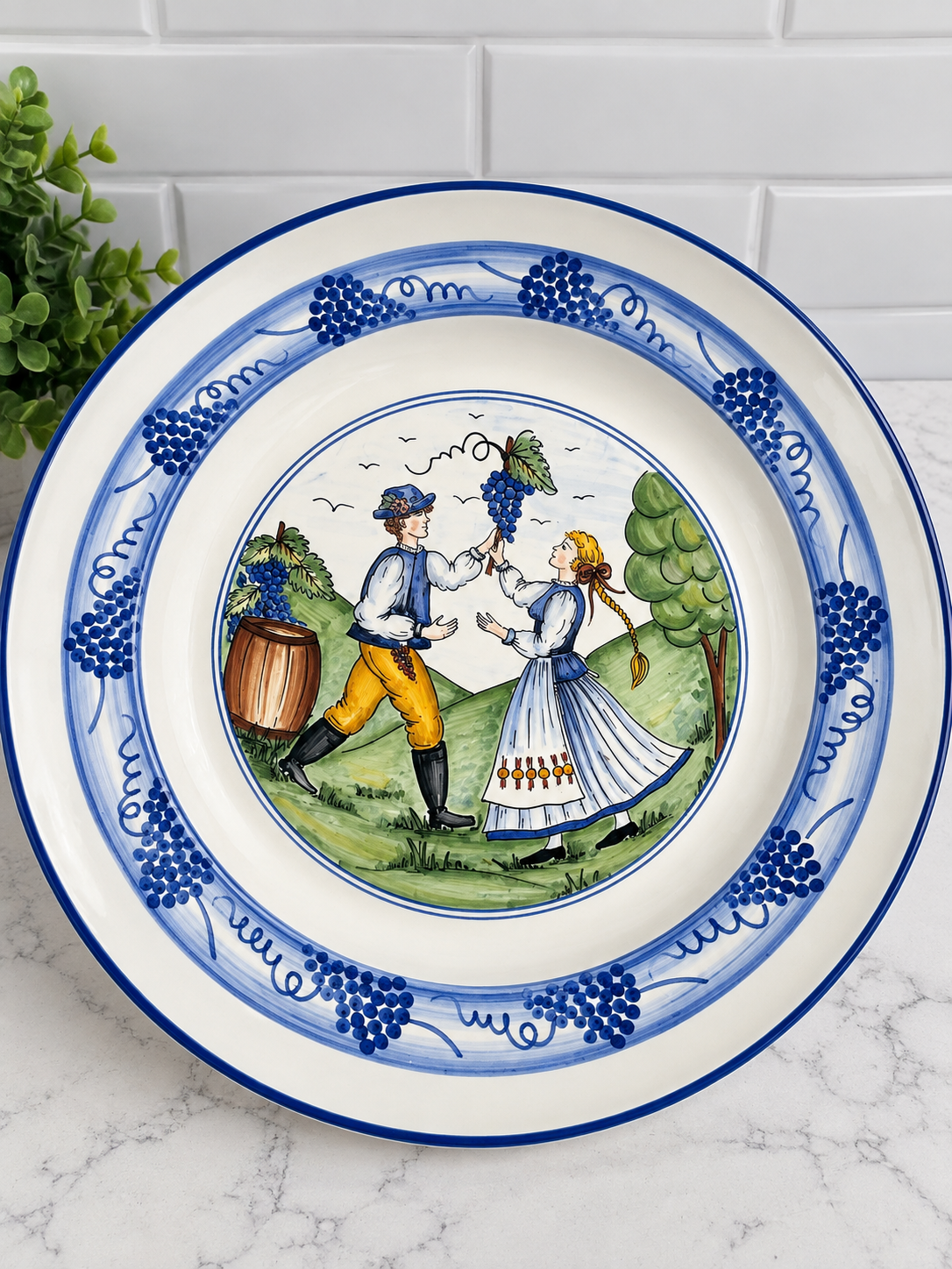 Vintage Hand-Painted Hungarian Folk Art Wall Platter – Szentendre Hungary – Grape Harvest Scene – 13"