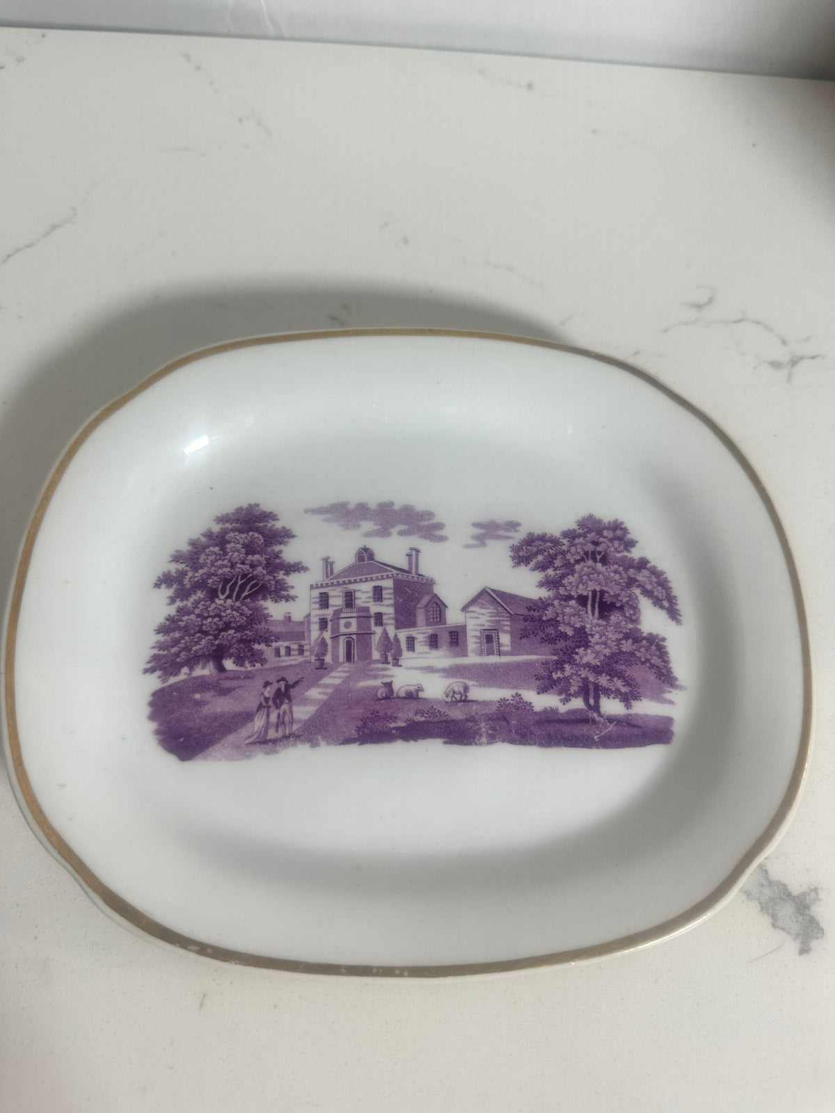 Vintage Mount Vernon Purple Transferware Dish – George Washington Historic Scene – Gold Trim – 7.5”