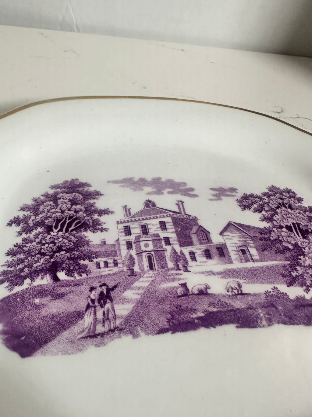Vintage Mount Vernon Purple Transferware Dish – George Washington Historic Scene – Gold Trim – 7.5”