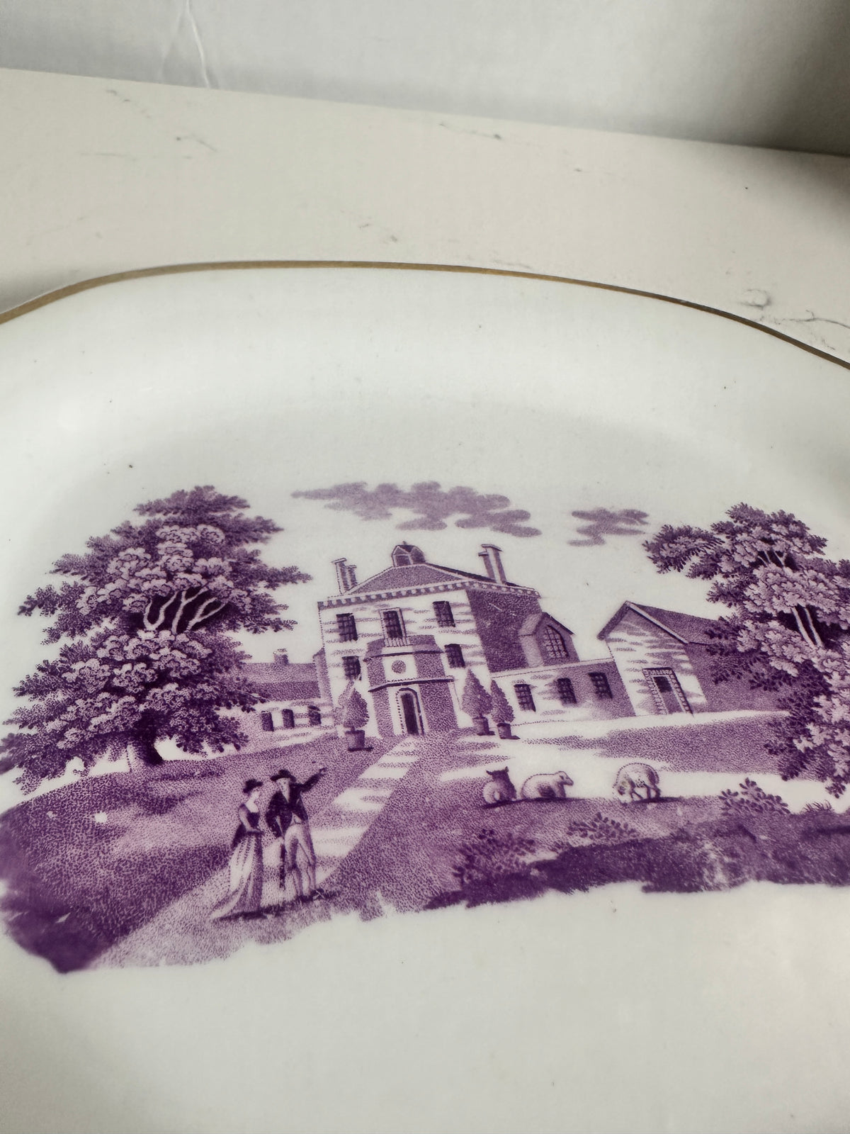 Vintage Mount Vernon Purple Transferware Dish – George Washington Historic Scene – Gold Trim – 7.5”