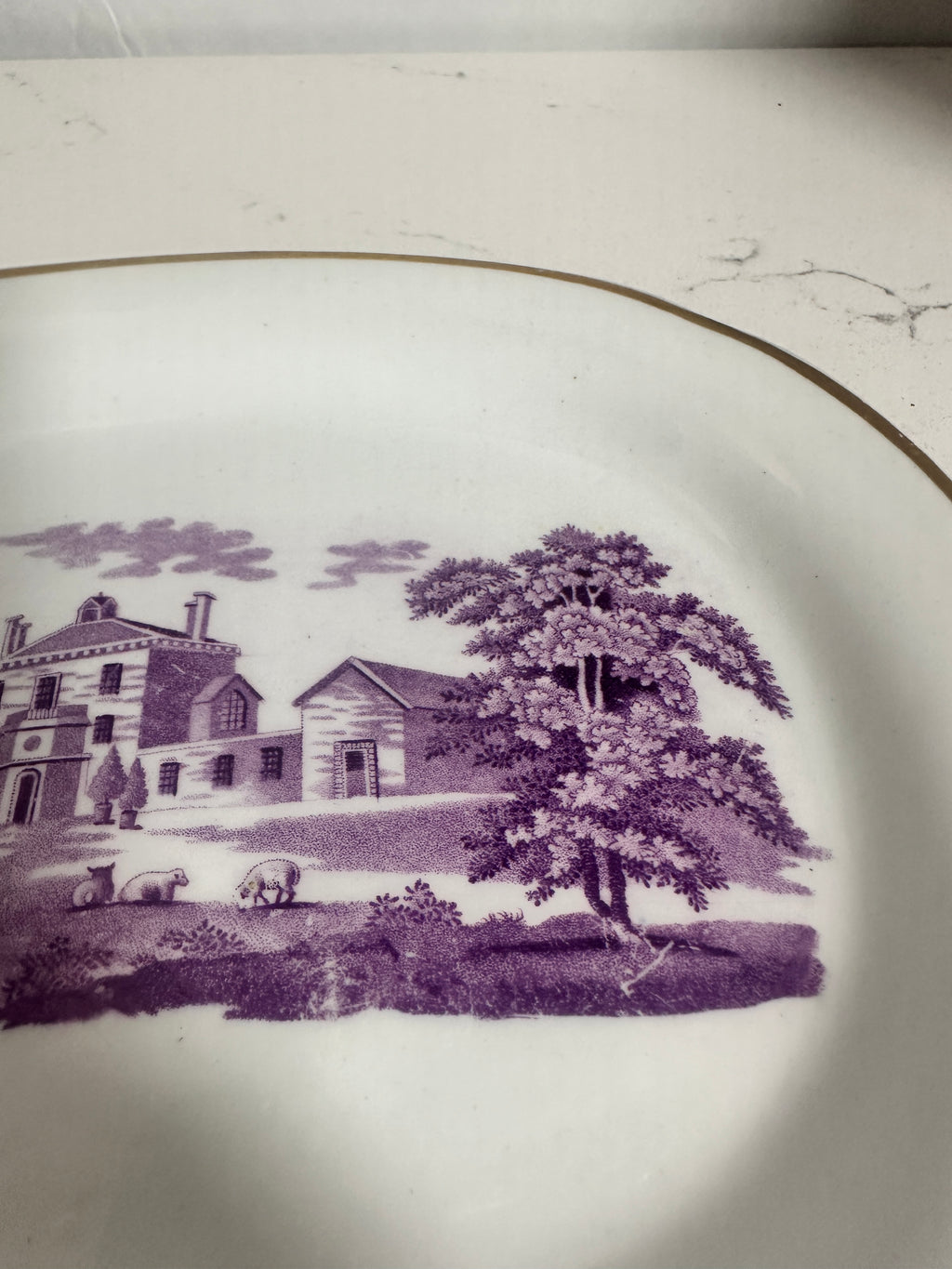 Vintage Mount Vernon Purple Transferware Dish – George Washington Historic Scene – Gold Trim – 7.5”