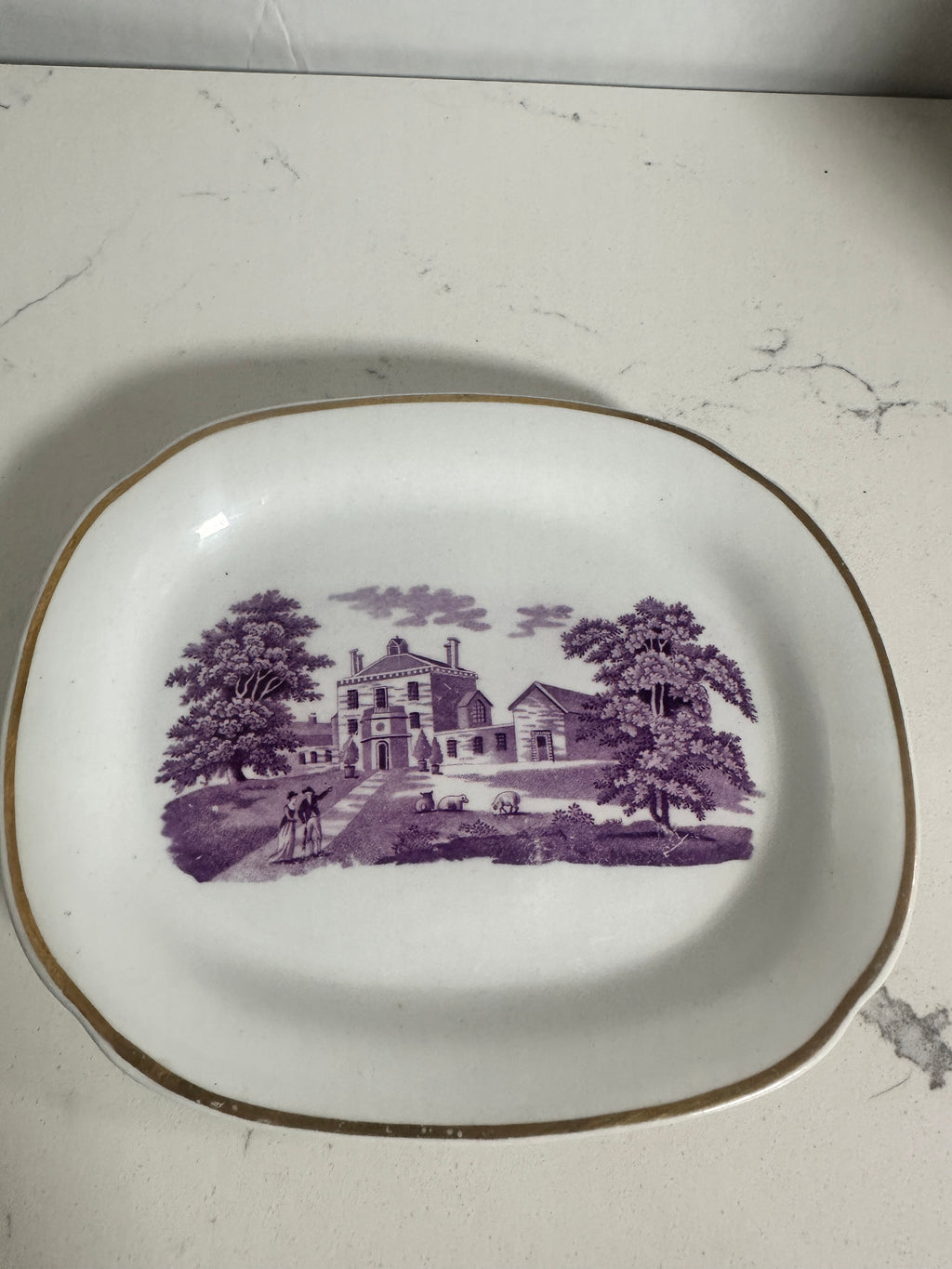 Vintage Mount Vernon Purple Transferware Dish – George Washington Historic Scene – Gold Trim – 7.5”