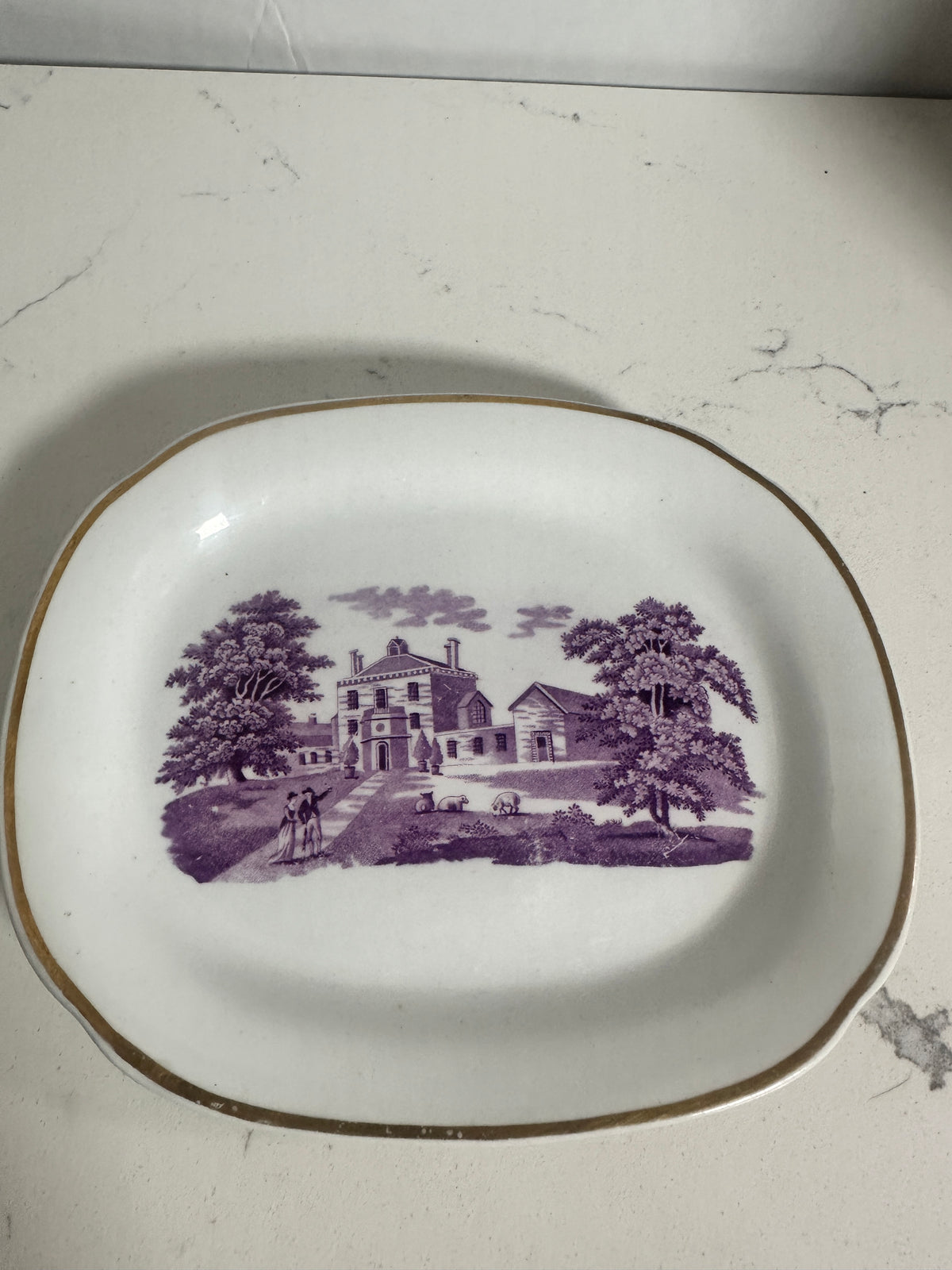 Vintage Mount Vernon Purple Transferware Dish – George Washington Historic Scene – Gold Trim – 7.5”