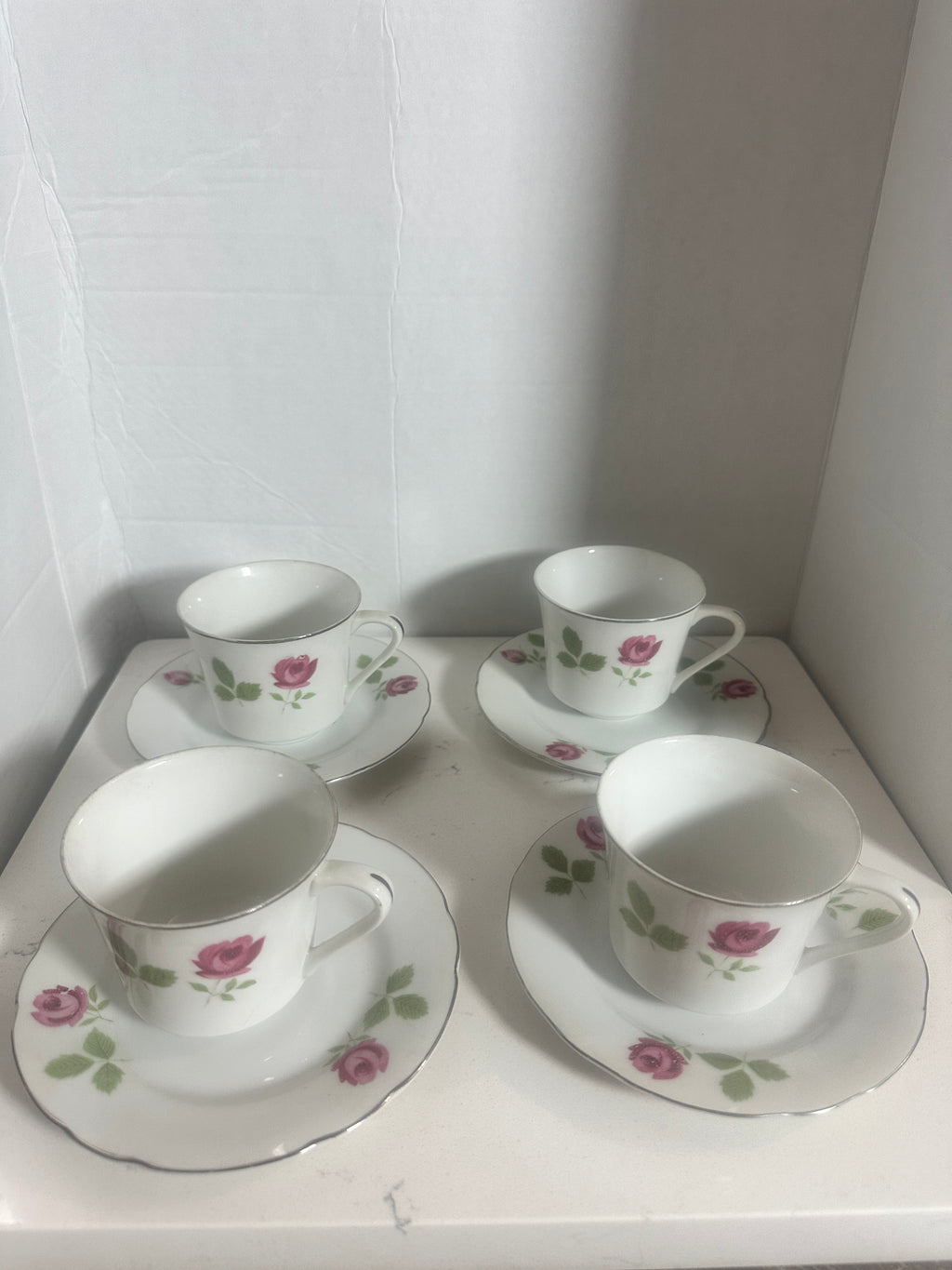 Vintage Fine China Japan Pink Rose Cups & Saucers – Set of 4 – Silver Trim – 8 Pieces