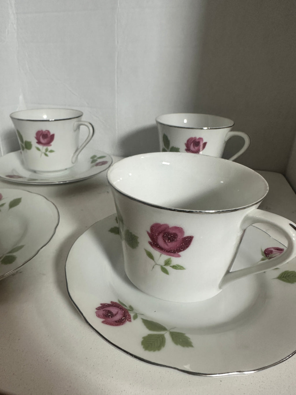 Vintage Fine China Japan Pink Rose Cups & Saucers – Set of 4 – Silver Trim – 8 Pieces