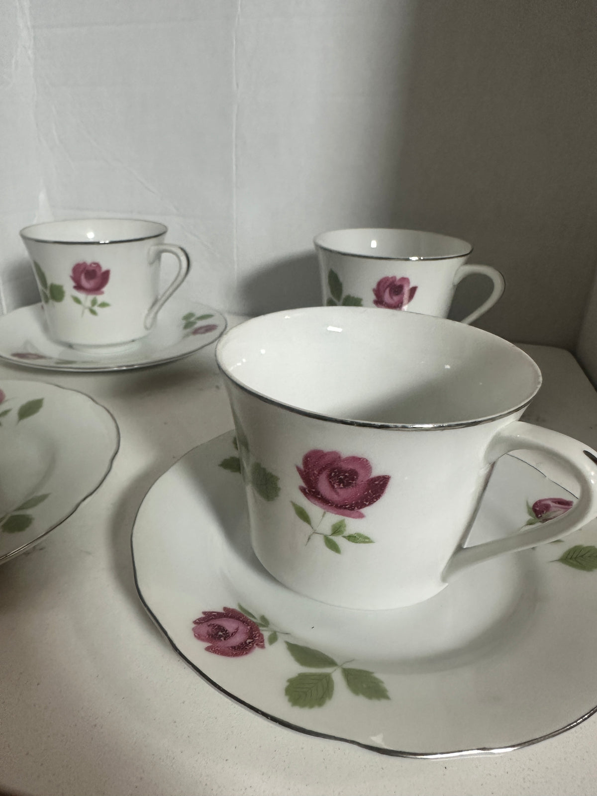 Vintage Fine China Japan Pink Rose Cups & Saucers – Set of 4 – Silver Trim – 8 Pieces