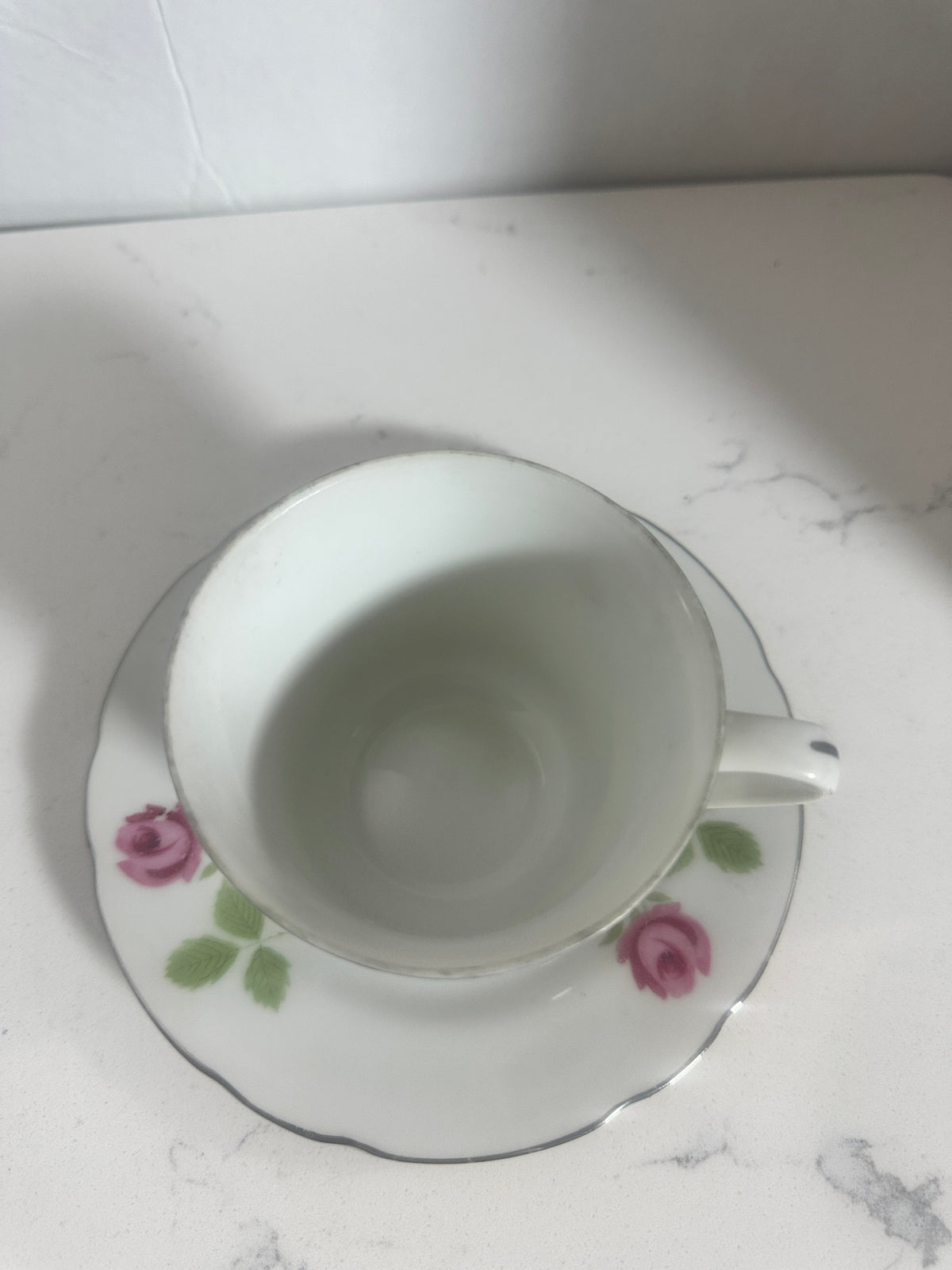 Vintage Fine China Japan Pink Rose Cups & Saucers – Set of 4 – Silver Trim – 8 Pieces