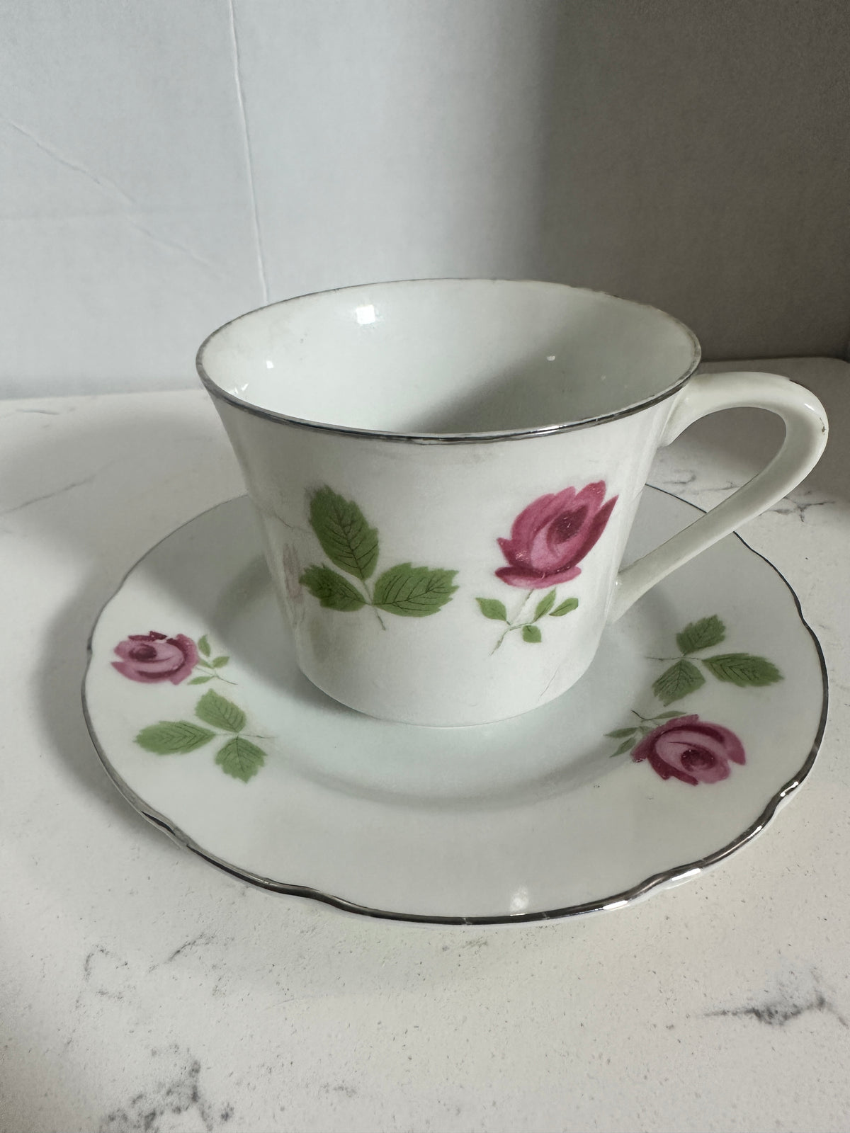 Vintage Fine China Japan Pink Rose Cups & Saucers – Set of 4 – Silver Trim – 8 Pieces