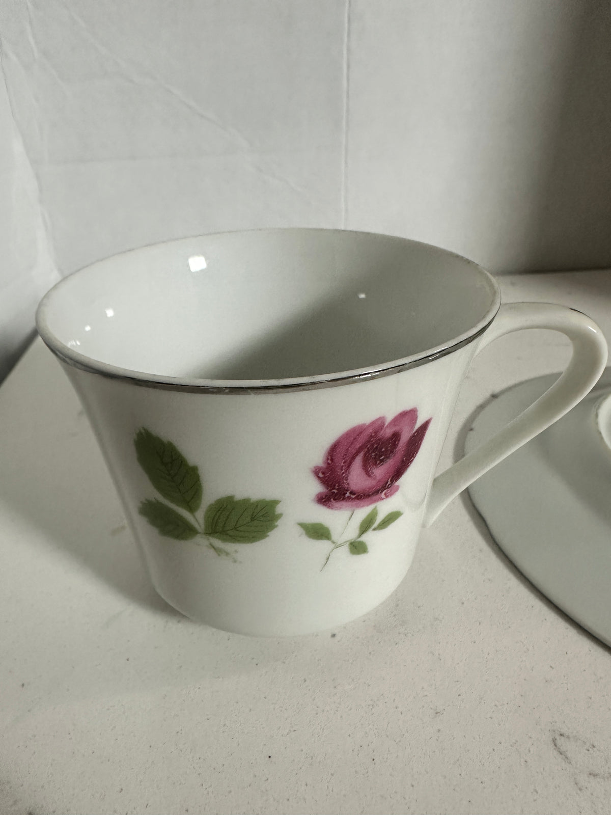 Vintage Fine China Japan Pink Rose Cups & Saucers – Set of 4 – Silver Trim – 8 Pieces