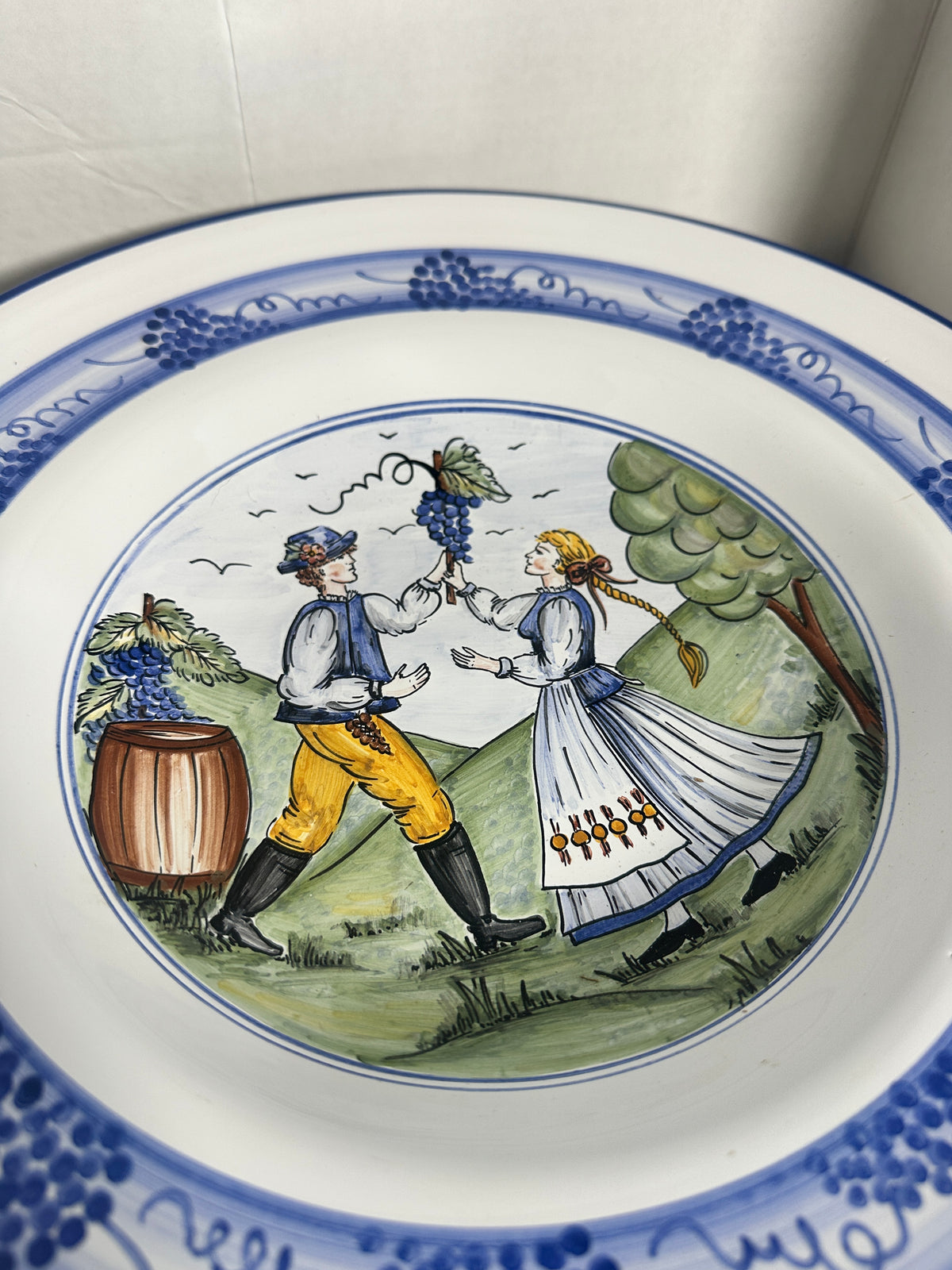 Vintage Hand-Painted Hungarian Folk Art Wall Platter – Szentendre Hungary – Grape Harvest Scene – 13"