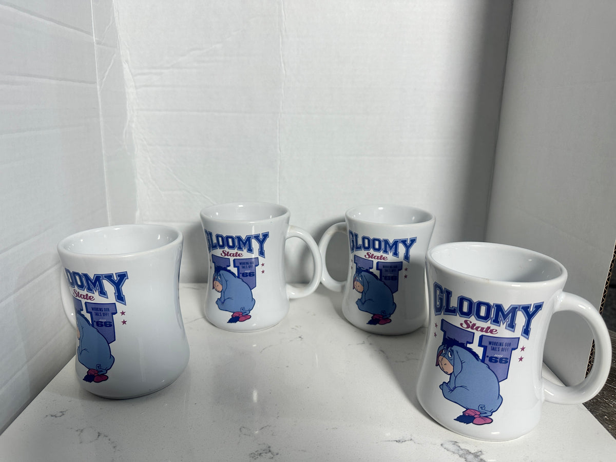 Disney Store Eeyore “Gloomy State U” Mugs Set of 4 – Winnie the Pooh – 4.5" Tall
