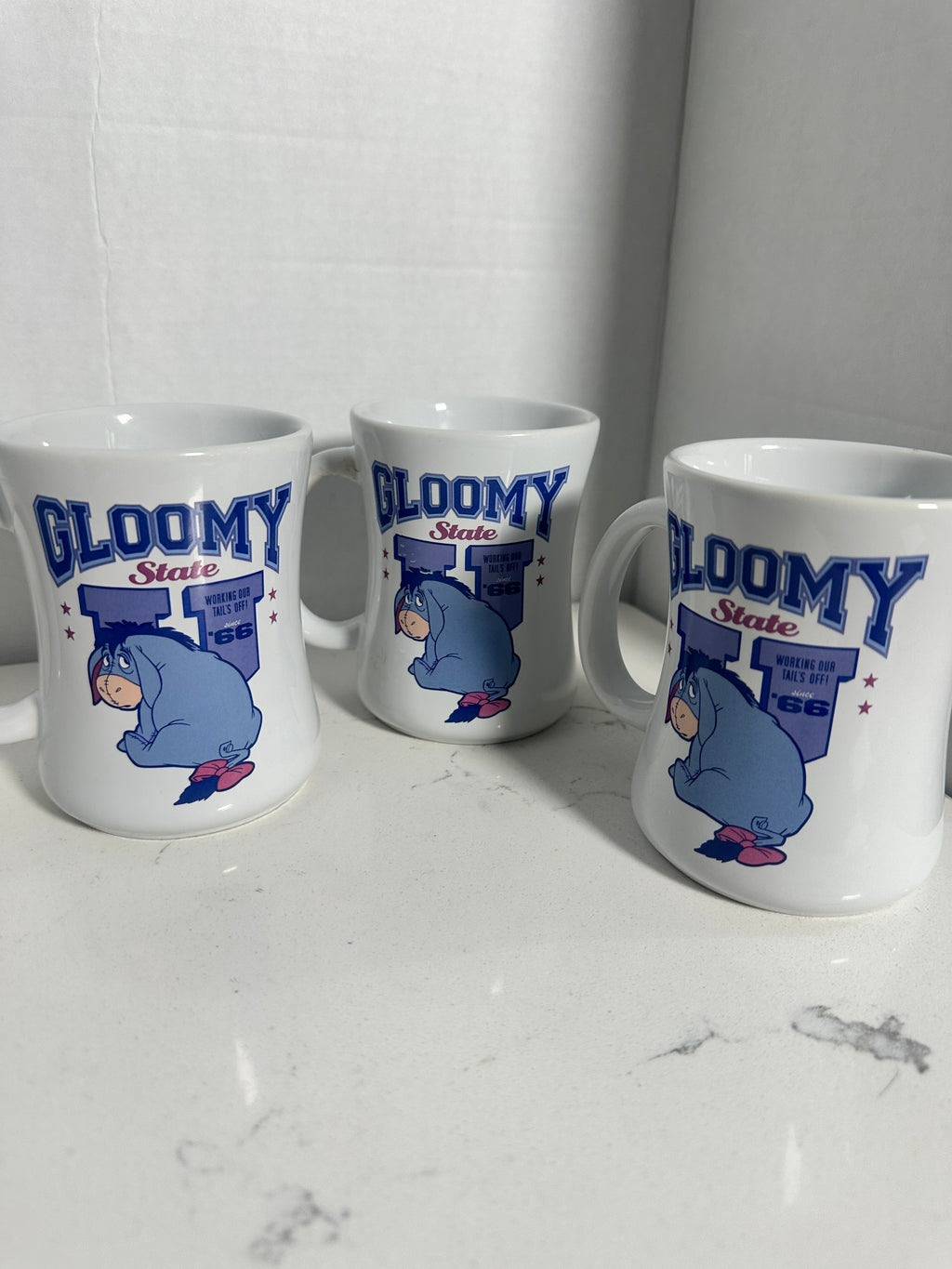 Disney Store Eeyore “Gloomy State U” Mugs Set of 4 – Winnie the Pooh – 4.5" Tall