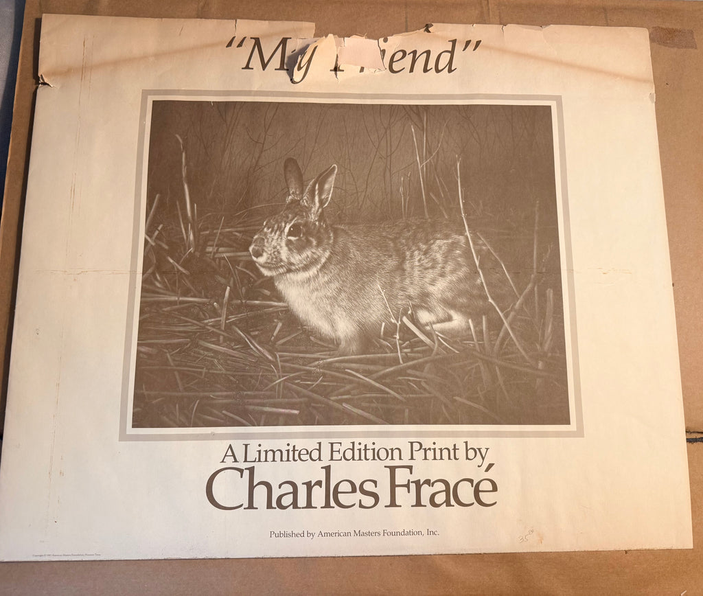 Vintage Charles Fracé “My Friend” Rabbit Print | Signed Limited Edition Wildlife Art | Framed Cottontail Bunny Lithograph | Original Paperwork