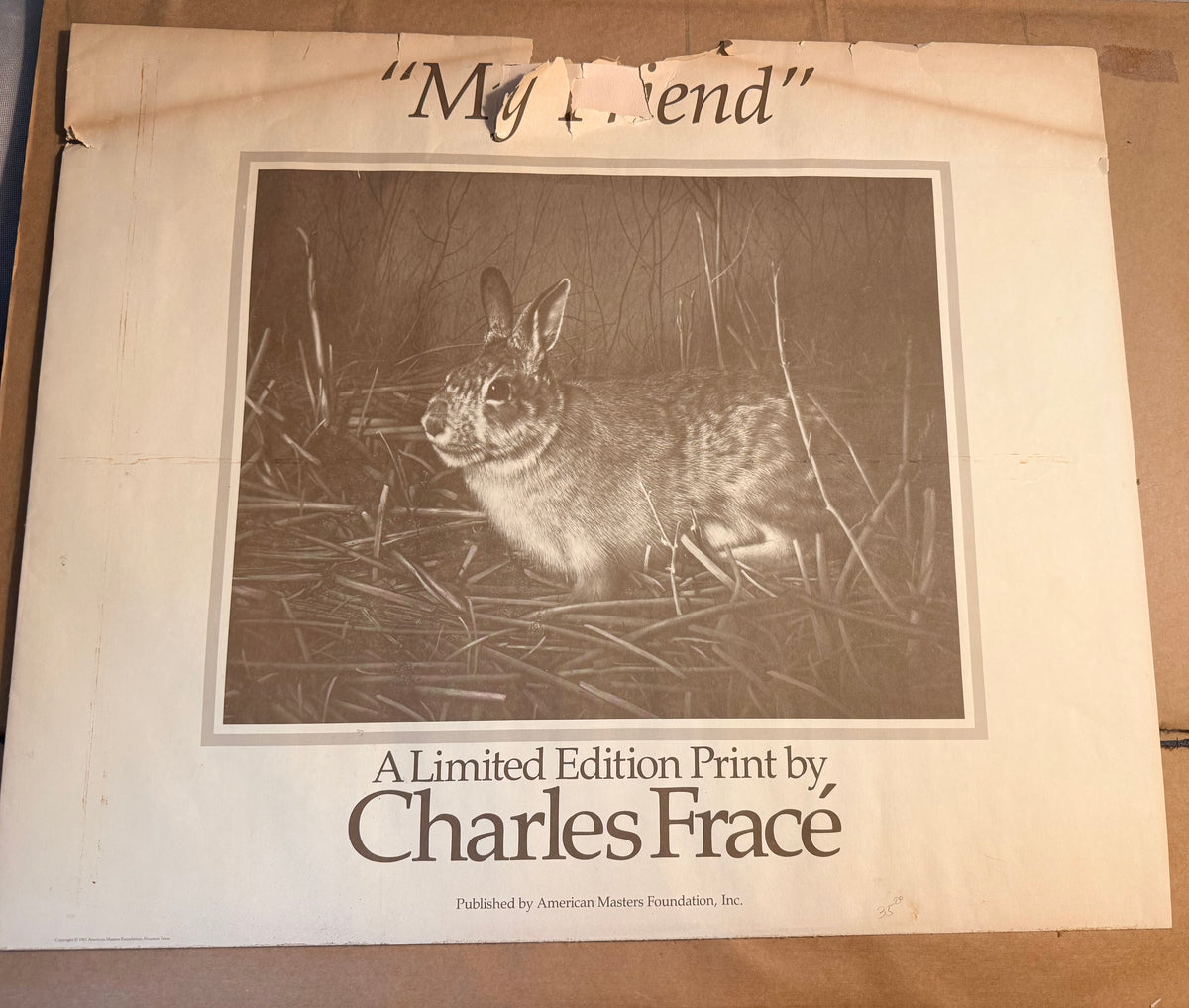 Vintage Charles Fracé “My Friend” Rabbit Print | Signed Limited Edition Wildlife Art | Framed Cottontail Bunny Lithograph | Original Paperwork
