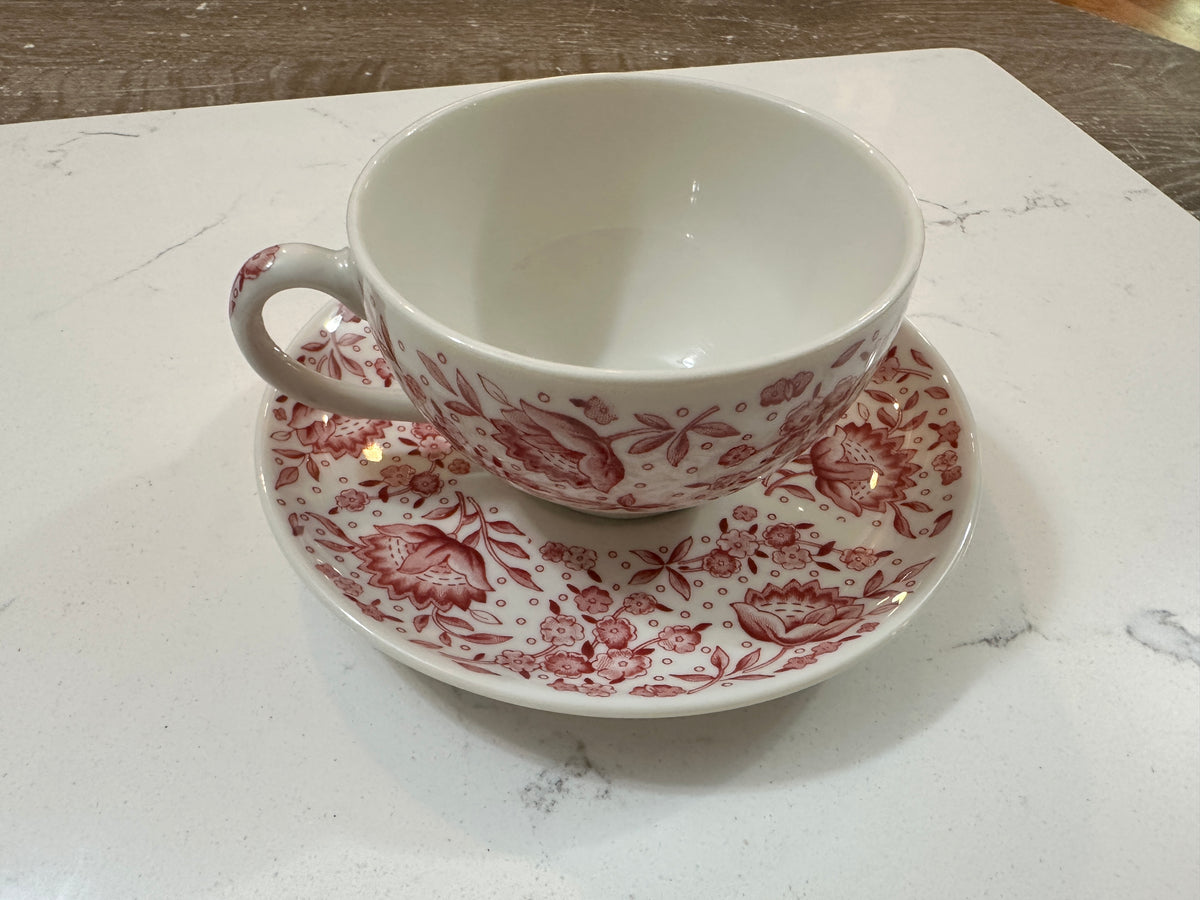 Vintage Syracuse China Mayflower Cup & Saucer | Red Floral Transferware | Carefree True China | 1960s Cottagecore Teacup