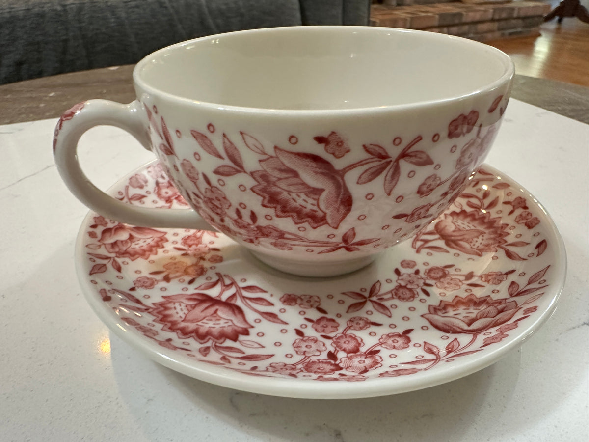 Vintage Syracuse China Mayflower Cup & Saucer | Red Floral Transferware | Carefree True China | 1960s Cottagecore Teacup