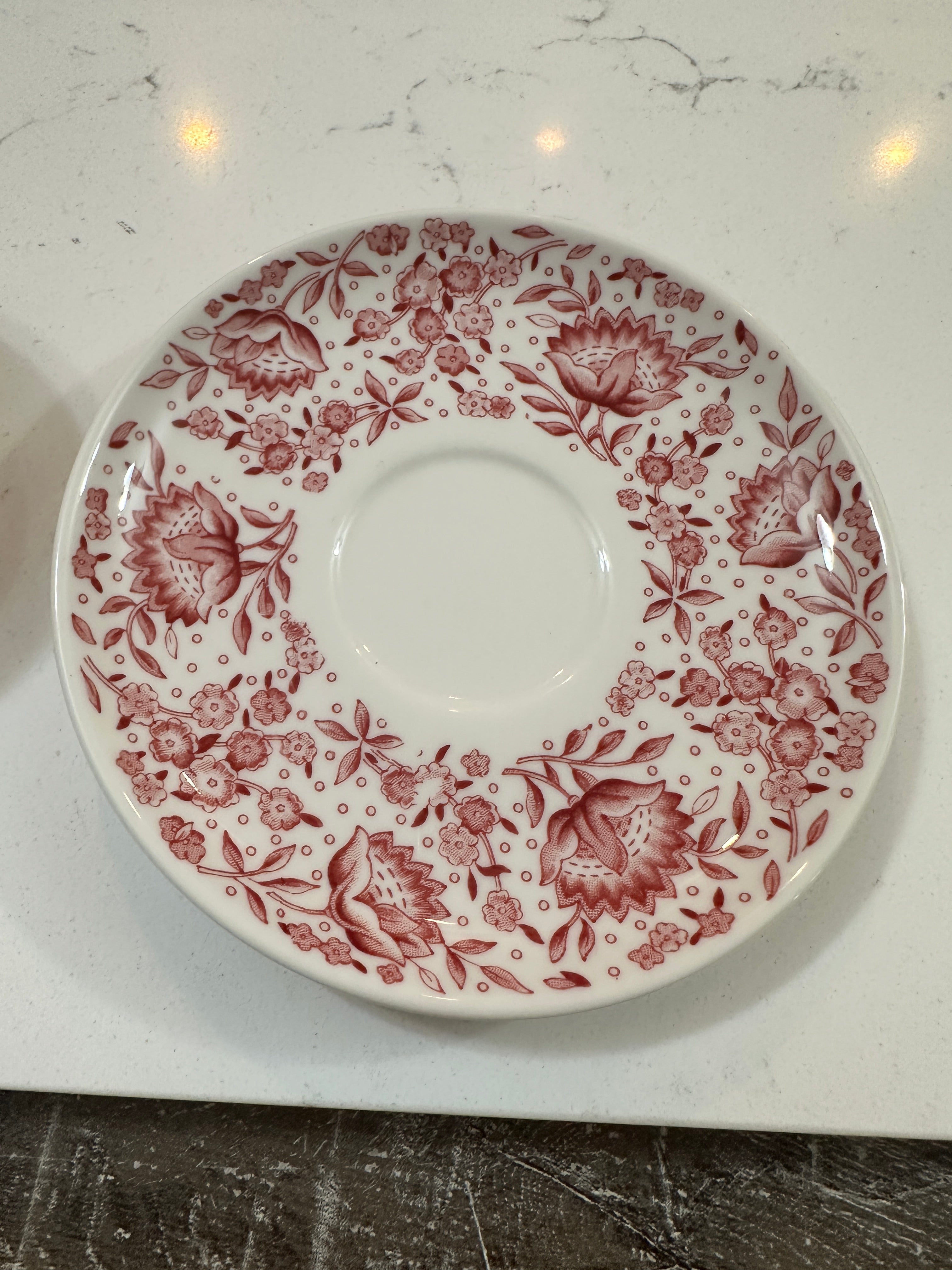 Vintage Syracuse China Mayflower Cup & Saucer | Red Floral Transferware | Carefree True China | 1960s Cottagecore Teacup