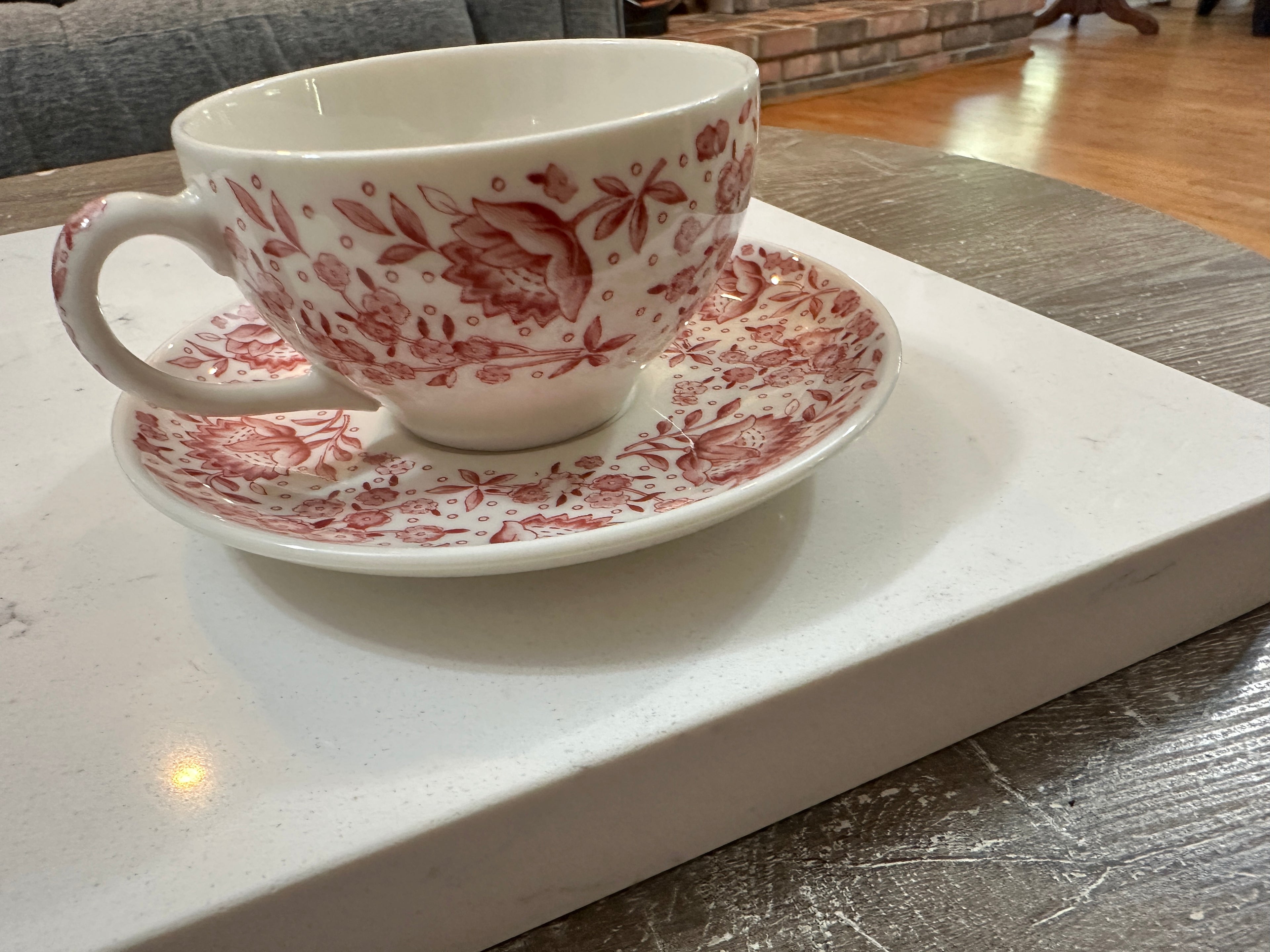 Vintage Syracuse China Mayflower Cup & Saucer | Red Floral Transferware | Carefree True China | 1960s Cottagecore Teacup