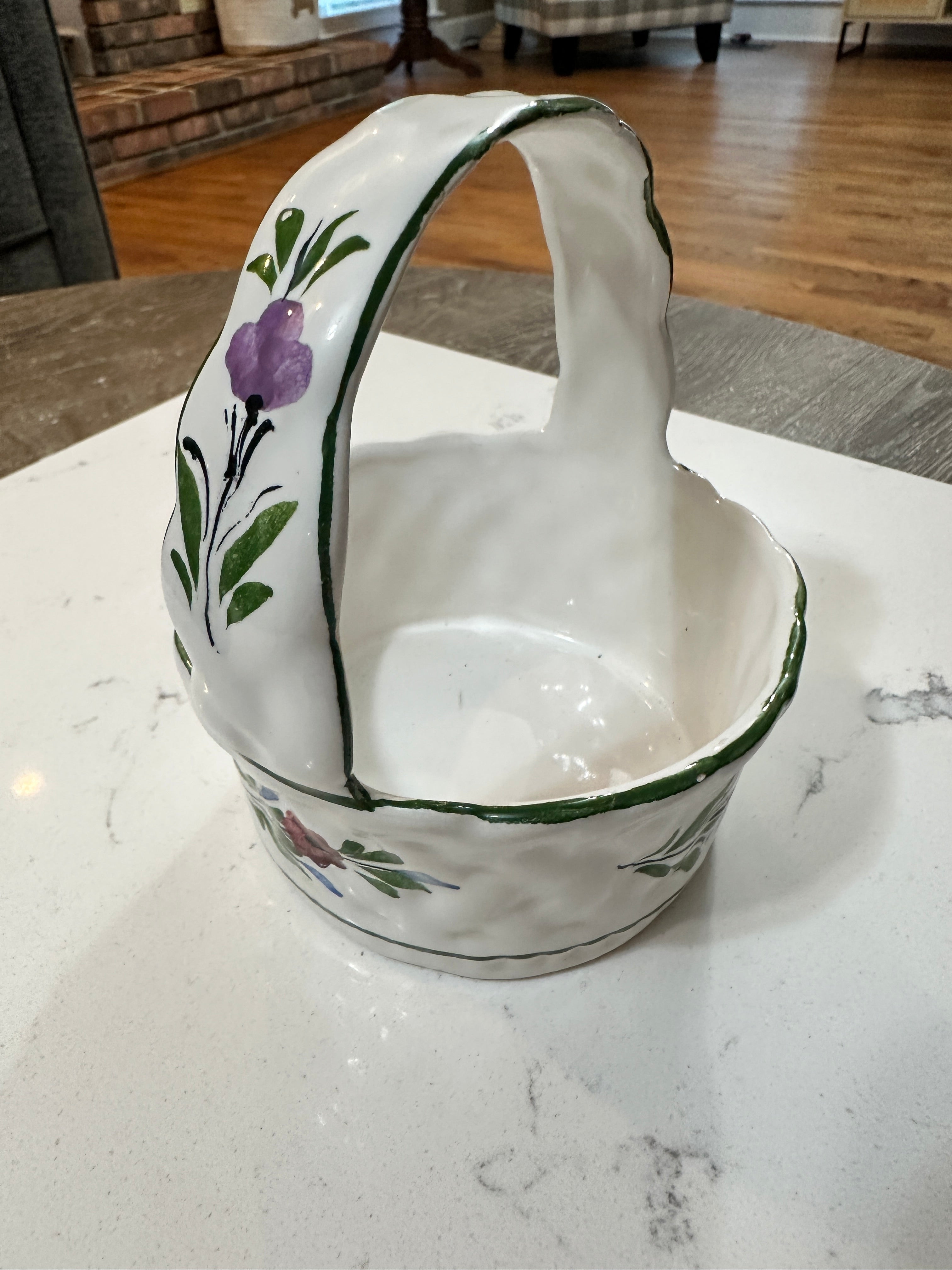 Vintage RC & CL Portugal Hand Painted Ceramic Basket | Floral Pottery Basket | Portuguese Folk Art | Cottagecore Decor | Signed Pottery