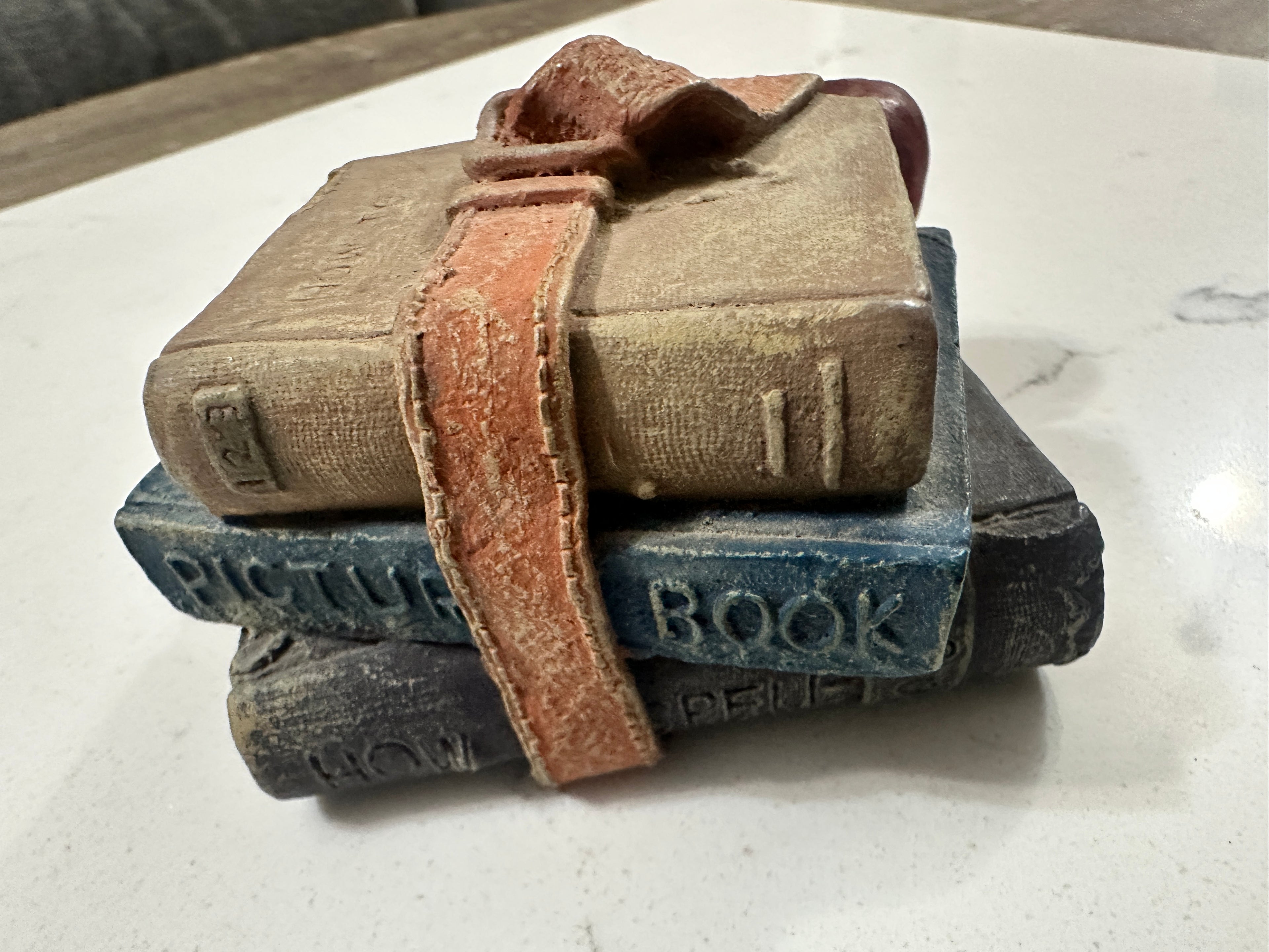 Vintage Stack of Books & Apple Figurine | Teacher School Decor | Old Books with Belt | Library Office Shelf Decor | Dark Academia Accent