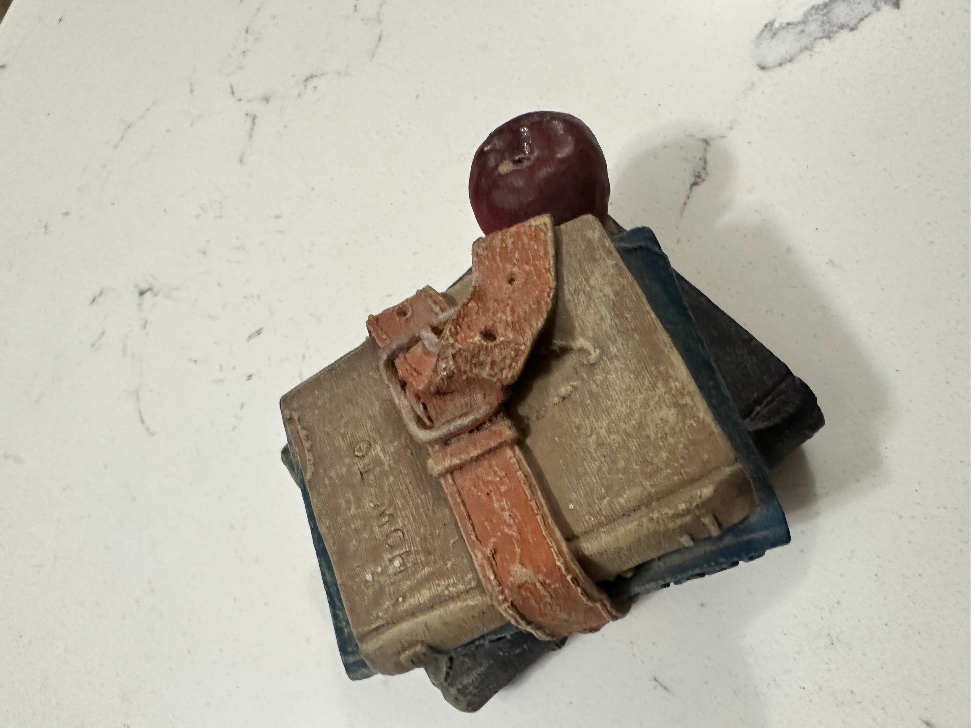 Vintage Stack of Books & Apple Figurine | Teacher School Decor | Old Books with Belt | Library Office Shelf Decor | Dark Academia Accent
