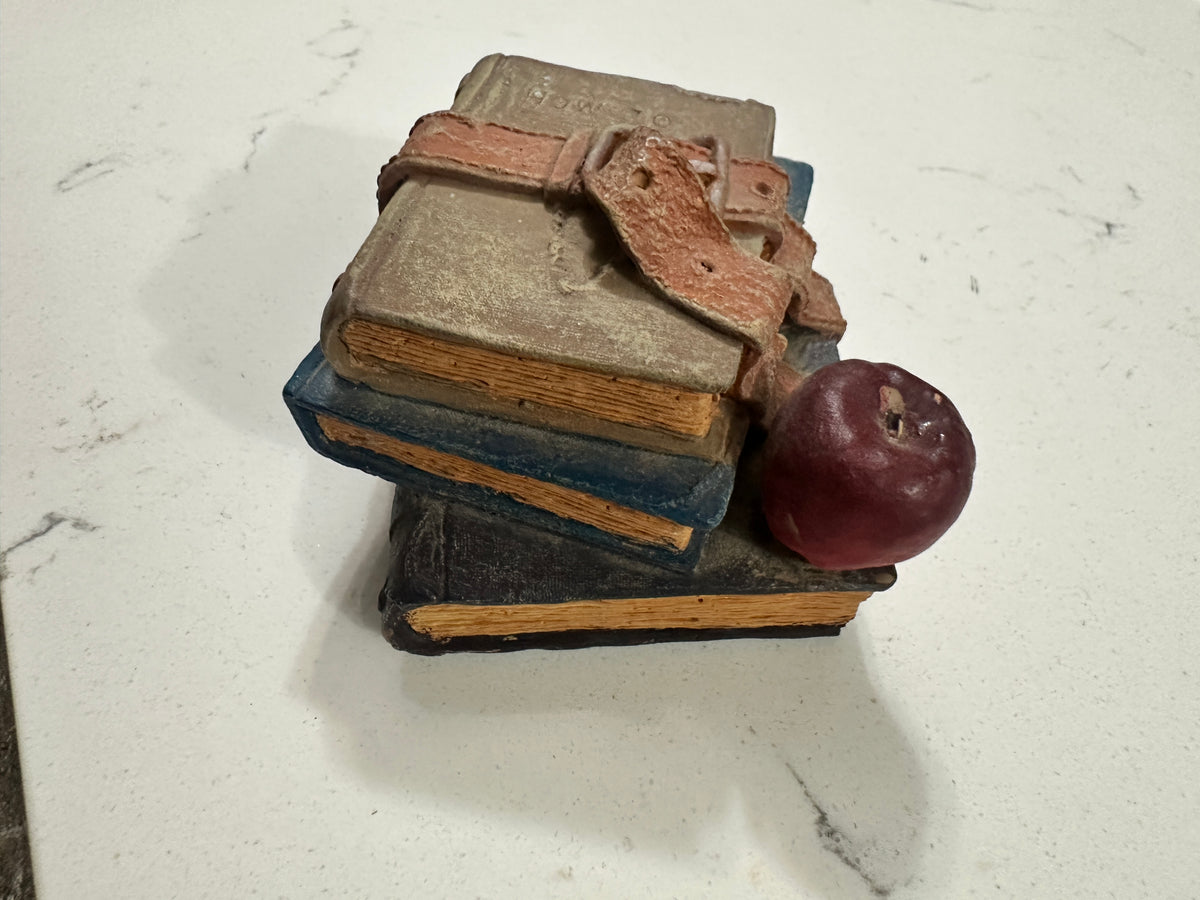 Vintage Stack of Books & Apple Figurine | Teacher School Decor | Old Books with Belt | Library Office Shelf Decor | Dark Academia Accent