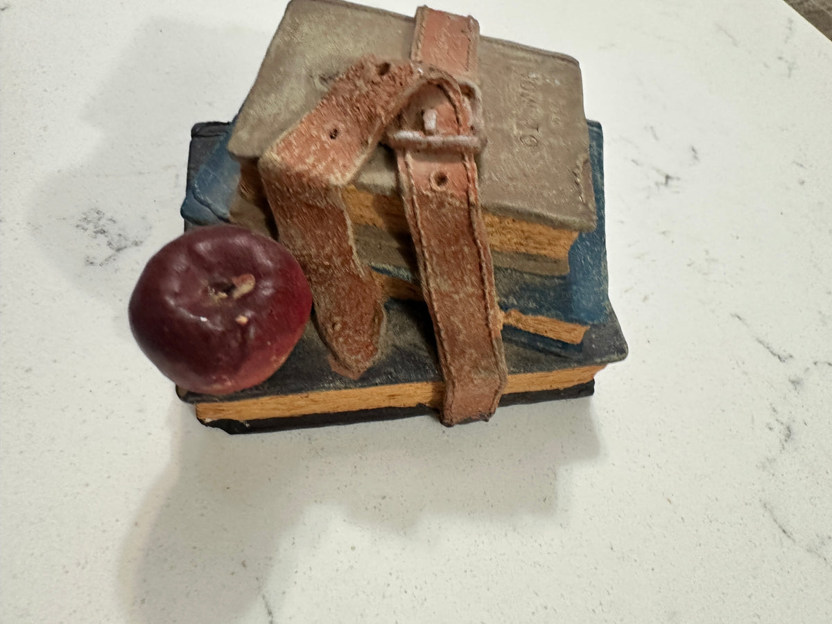 Vintage Stack of Books & Apple Figurine | Teacher School Decor | Old Books with Belt | Library Office Shelf Decor | Dark Academia Accent