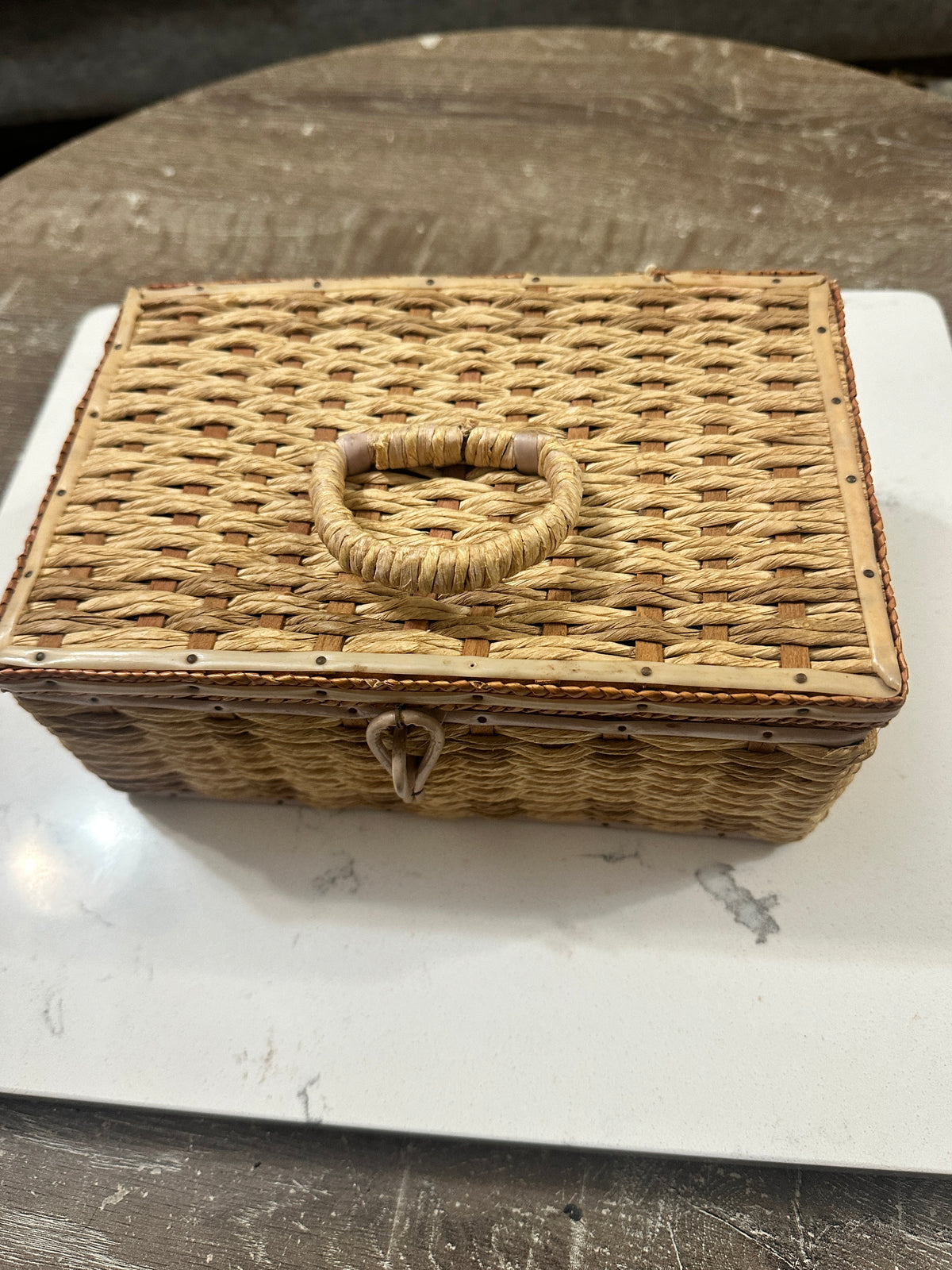 Vintage Woven Sewing Basket with Pink Satin Interior | Mid Century Sewing Box | Rattan Needlework Storage | Cottagecore Craft Basket