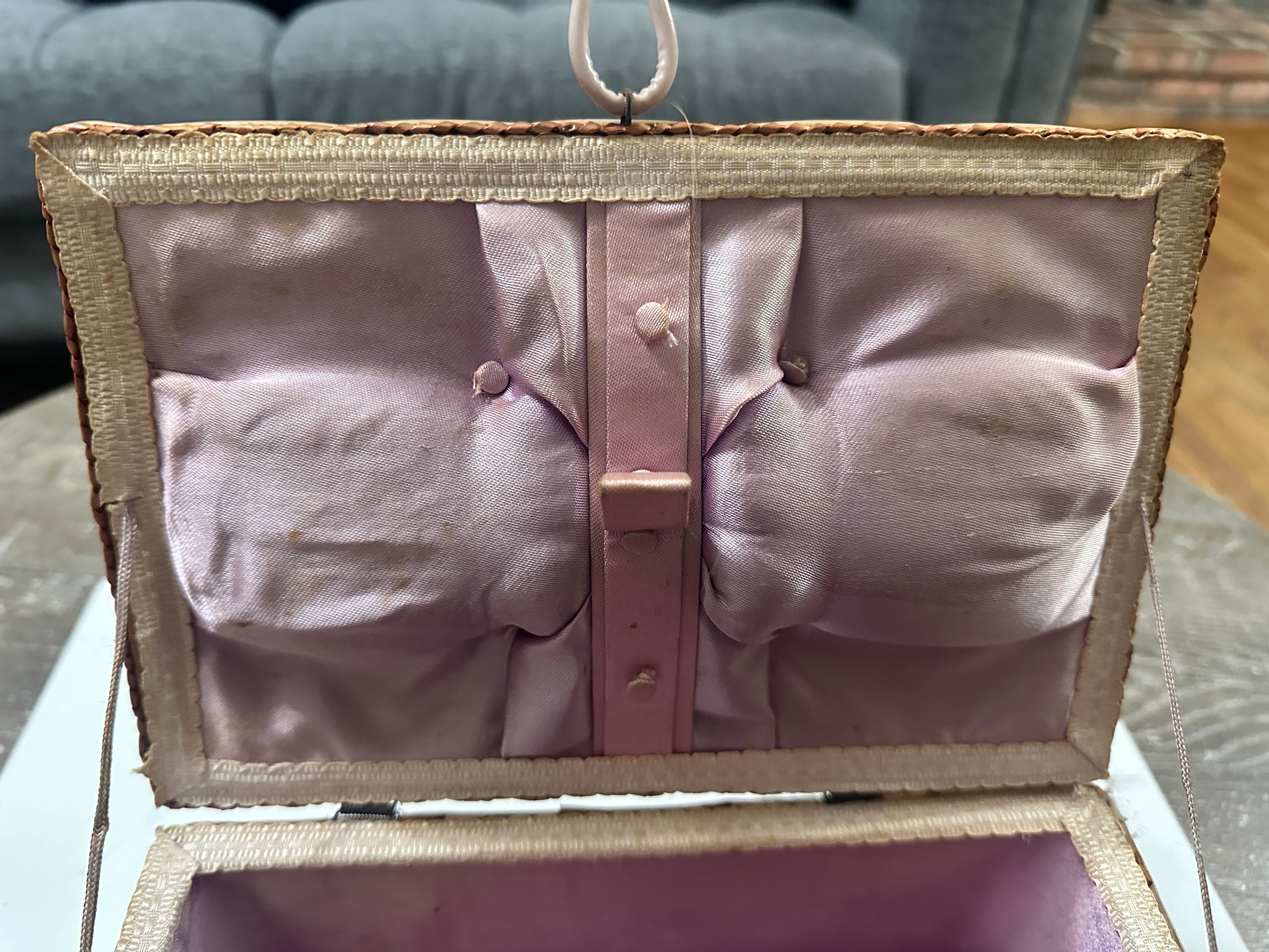 Vintage Woven Sewing Basket with Pink Satin Interior | Mid Century Sewing Box | Rattan Needlework Storage | Cottagecore Craft Basket