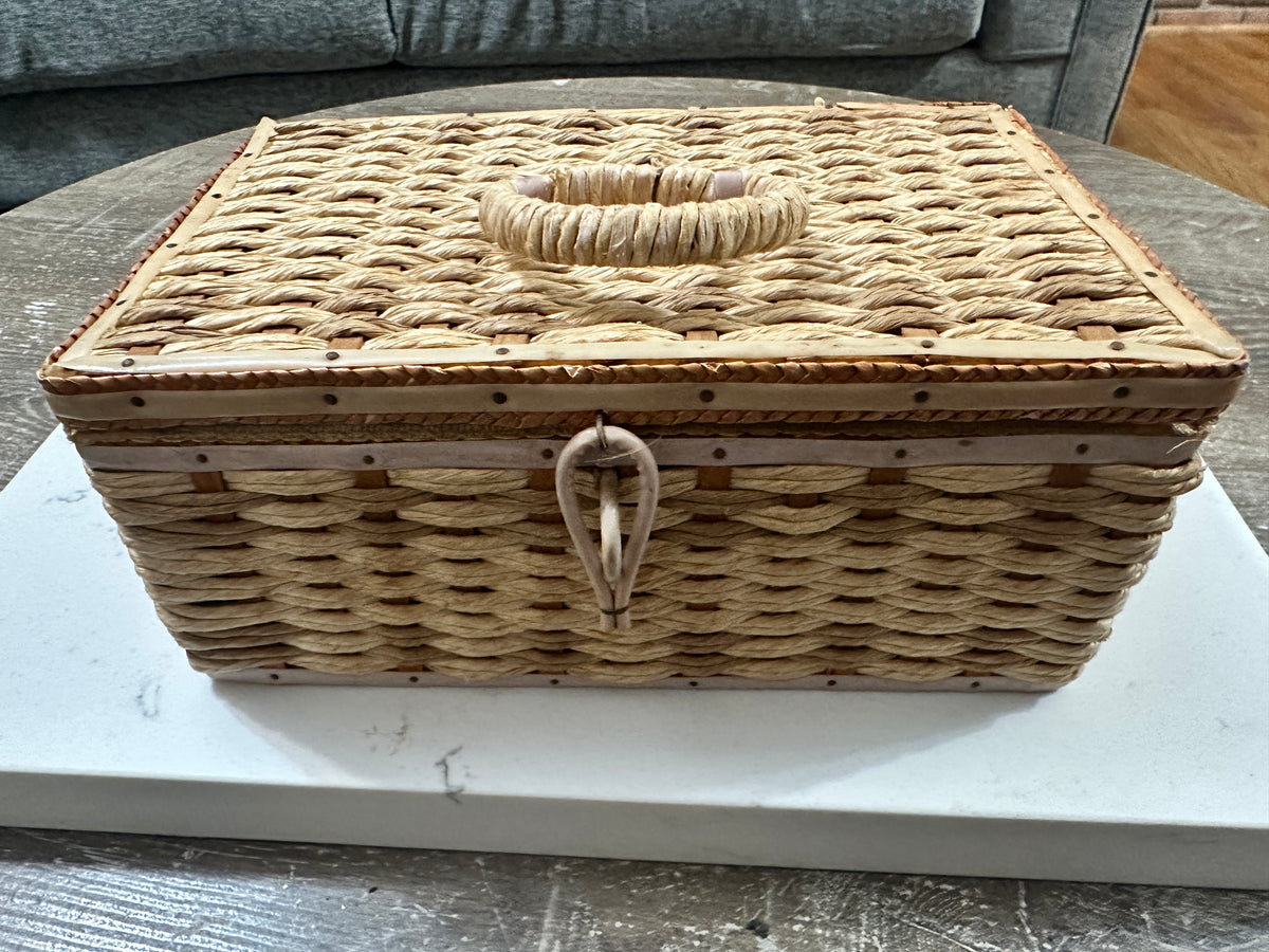 Vintage Woven Sewing Basket with Pink Satin Interior | Mid Century Sewing Box | Rattan Needlework Storage | Cottagecore Craft Basket