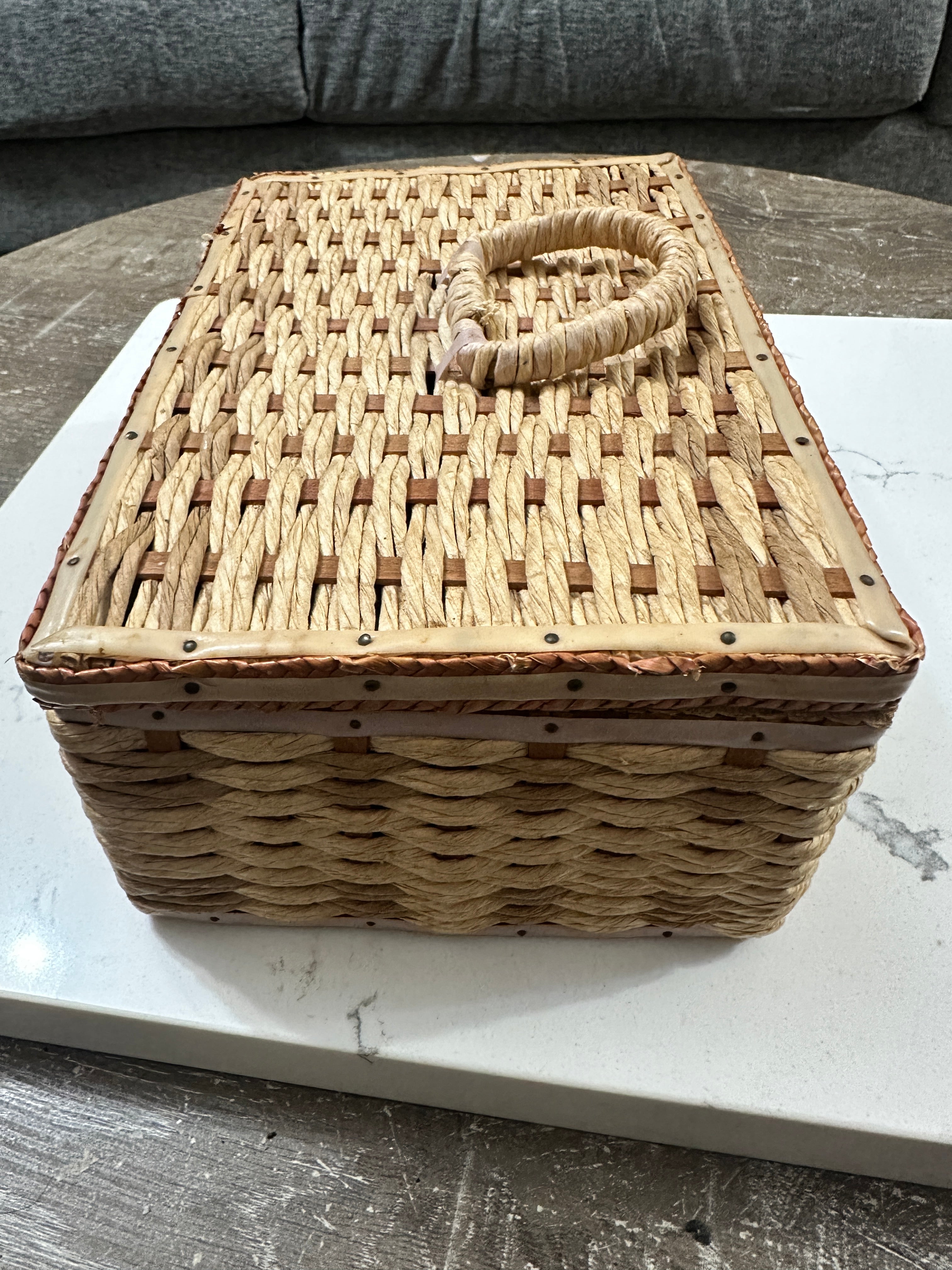 Vintage Woven Sewing Basket with Pink Satin Interior | Mid Century Sewing Box | Rattan Needlework Storage | Cottagecore Craft Basket