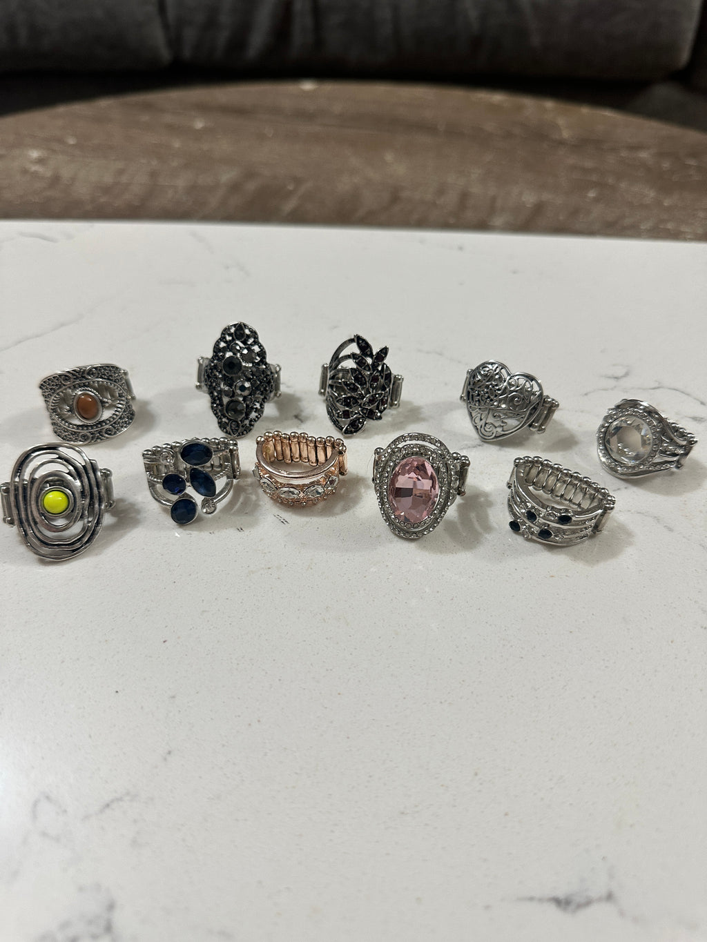 Lot of 10 Paparazzi Statement Rings | Rhinestone Cocktail Rings | Stretch Fashion Rings | Silver Tone Boho Jewelry Bundle