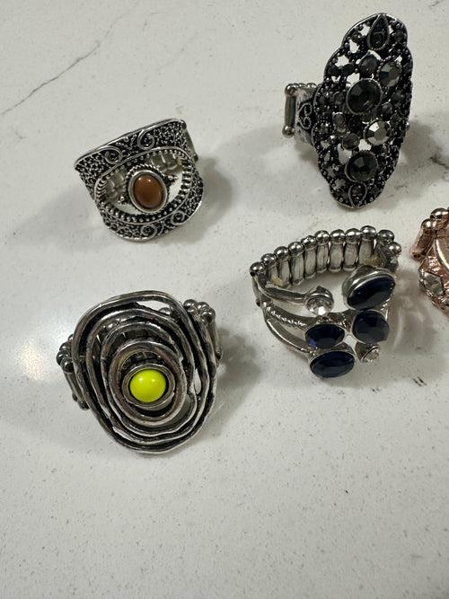 Lot of 10 Paparazzi Statement Rings | Rhinestone Cocktail Rings | Stretch Fashion Rings | Silver Tone Boho Jewelry Bundle