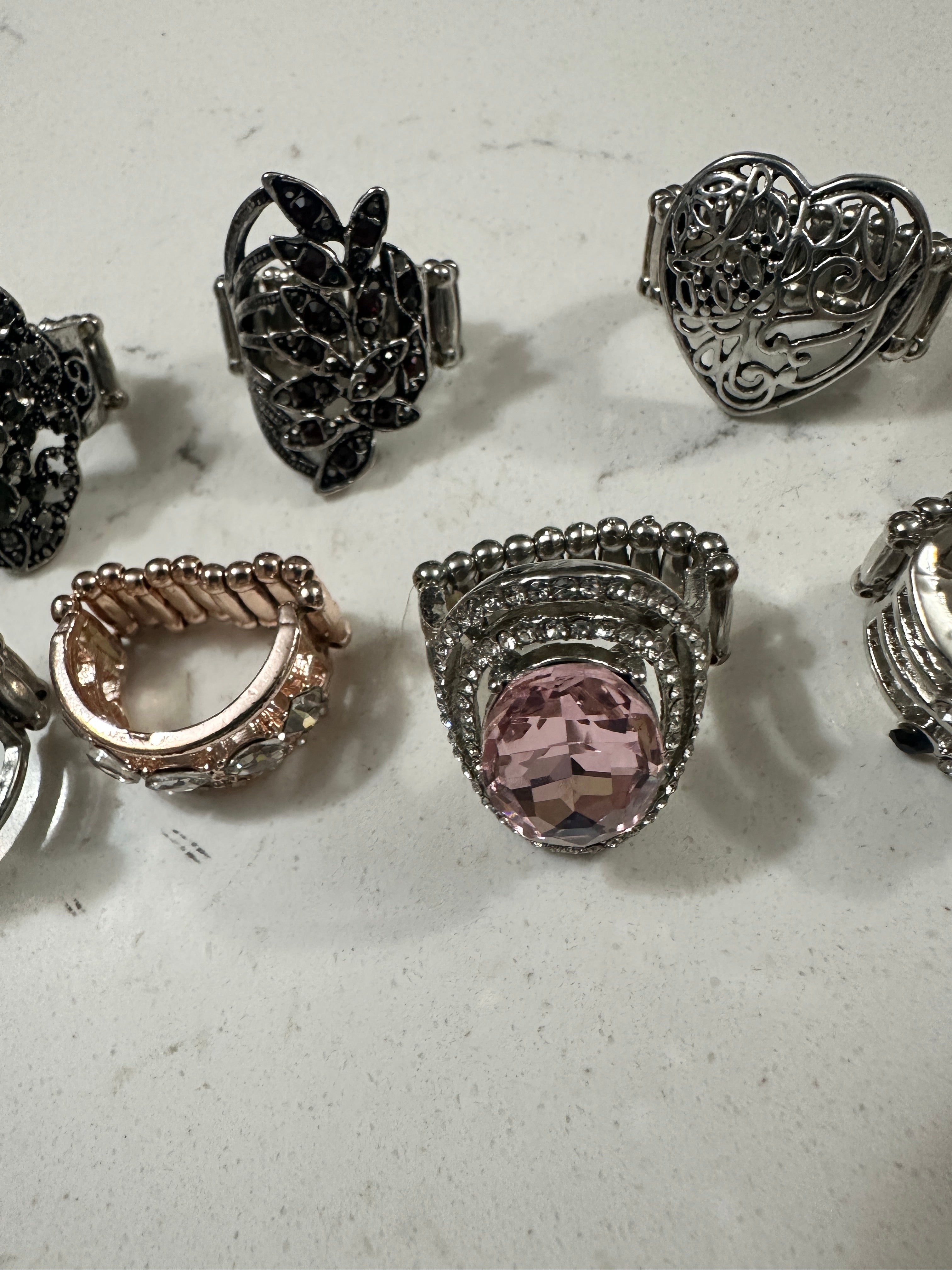 Lot of 10 Paparazzi Statement Rings | Rhinestone Cocktail Rings | Stretch Fashion Rings | Silver Tone Boho Jewelry Bundle