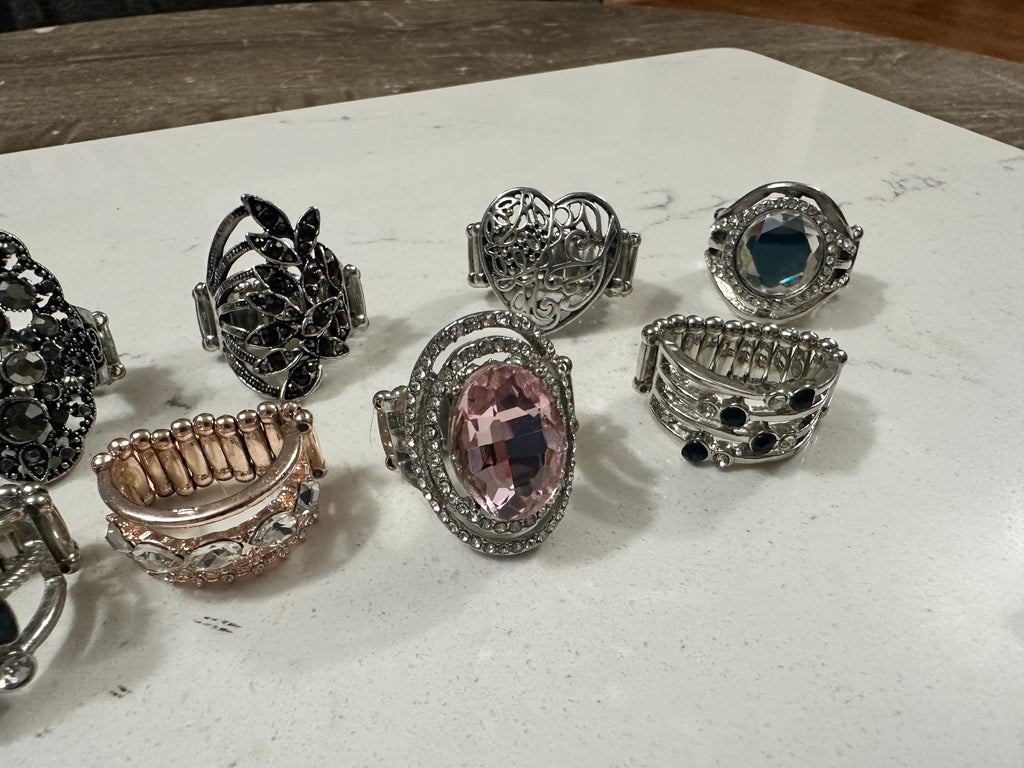 Lot of 10 Paparazzi Statement Rings | Rhinestone Cocktail Rings | Stretch Fashion Rings | Silver Tone Boho Jewelry Bundle