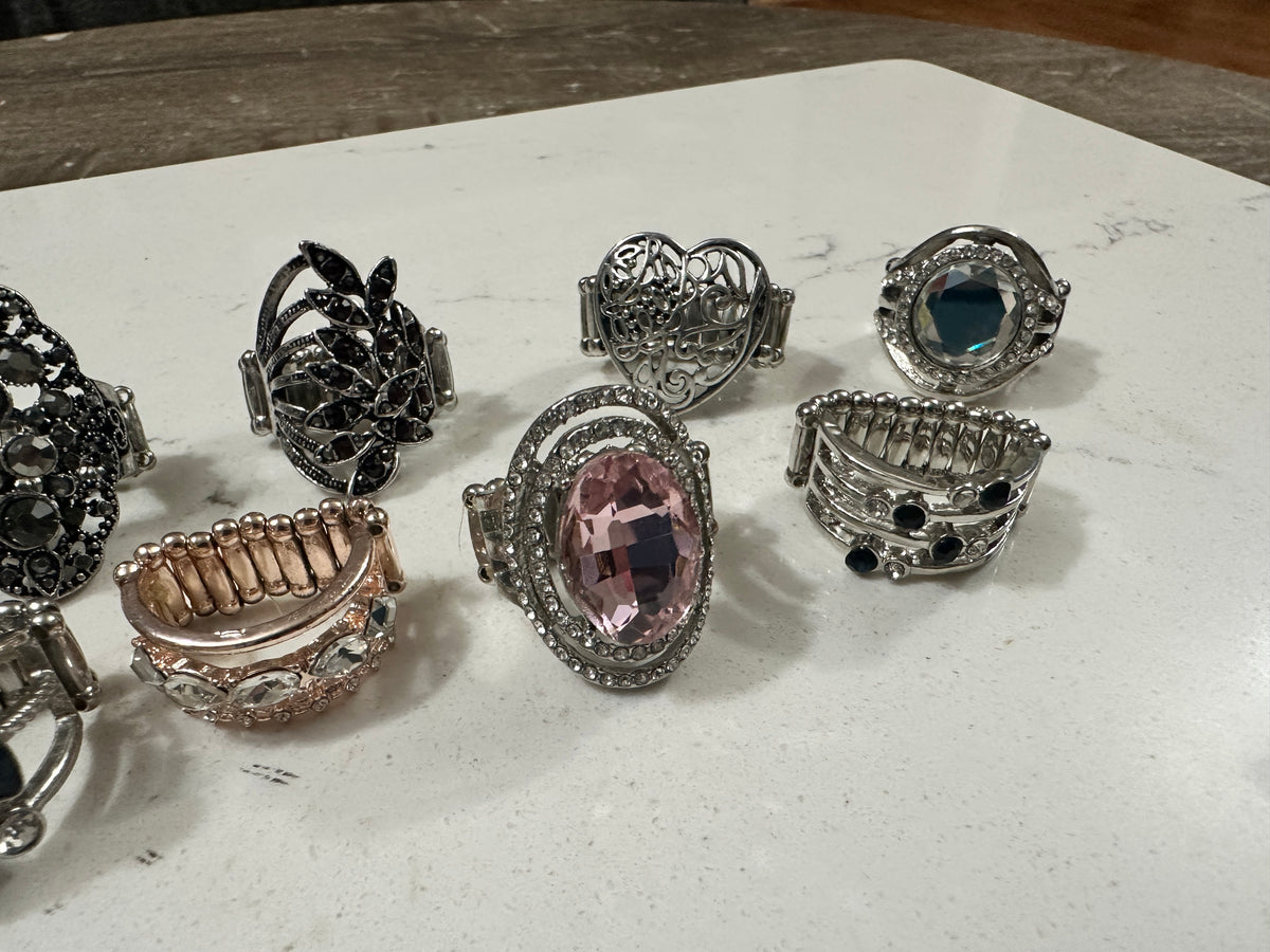 Lot of 10 Paparazzi Statement Rings | Rhinestone Cocktail Rings | Stretch Fashion Rings | Silver Tone Boho Jewelry Bundle