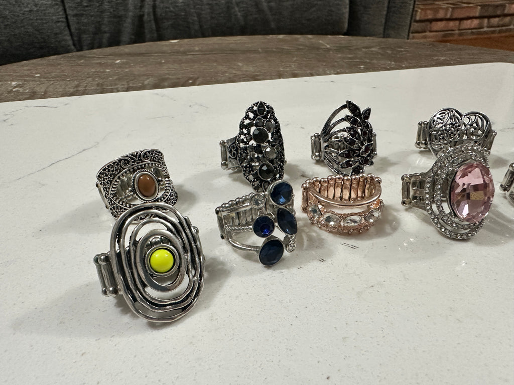 Lot of 10 Paparazzi Statement Rings | Rhinestone Cocktail Rings | Stretch Fashion Rings | Silver Tone Boho Jewelry Bundle