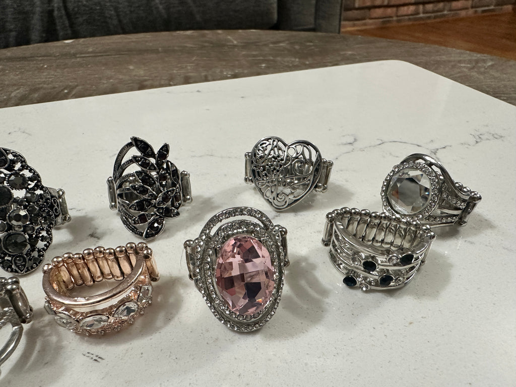 Lot of 10 Paparazzi Statement Rings | Rhinestone Cocktail Rings | Stretch Fashion Rings | Silver Tone Boho Jewelry Bundle