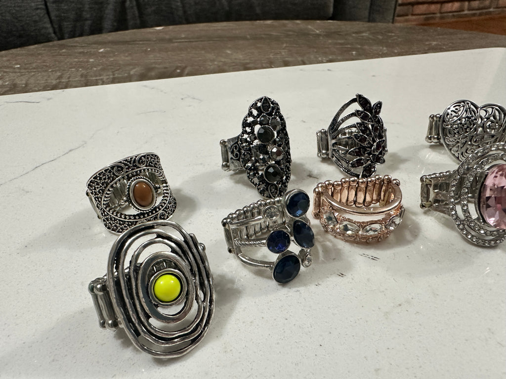 Lot of 10 Paparazzi Statement Rings | Rhinestone Cocktail Rings | Stretch Fashion Rings | Silver Tone Boho Jewelry Bundle