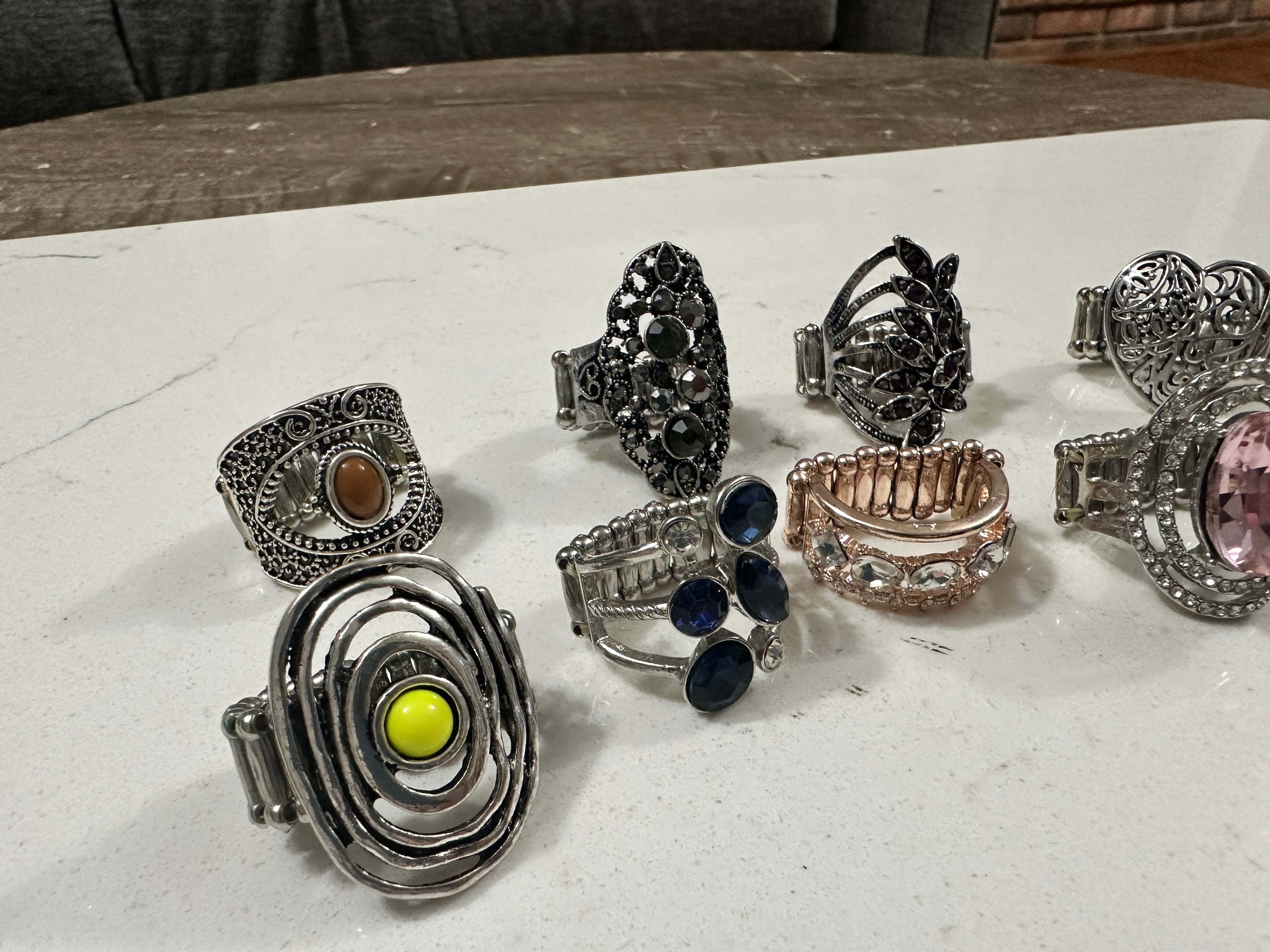 Lot of 10 Paparazzi Statement Rings | Rhinestone Cocktail Rings | Stretch Fashion Rings | Silver Tone Boho Jewelry Bundle