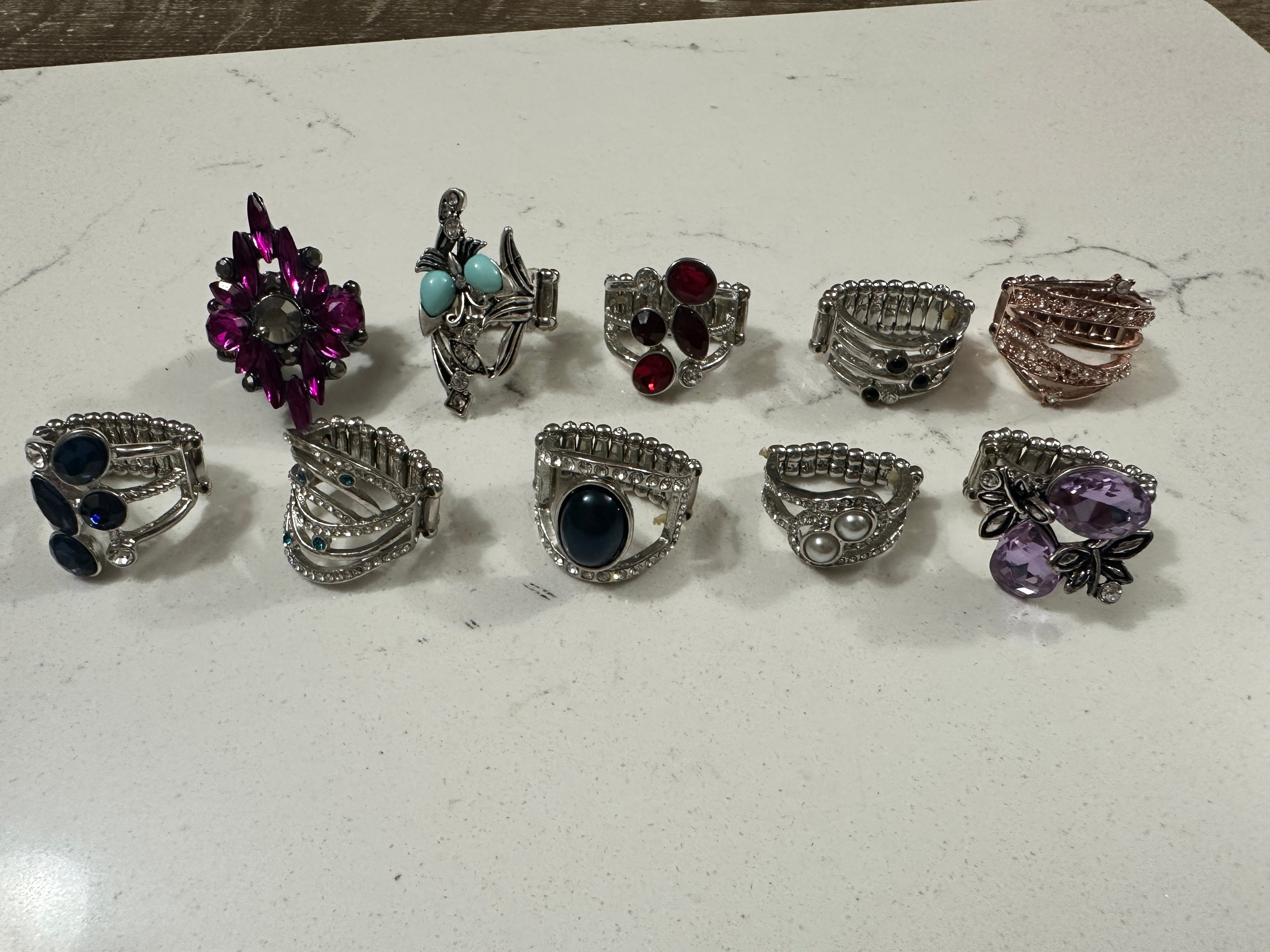 Lot of 10 Paparazzi Statement Rings | Rhinestone Stretch Rings | Colorful Cocktail Rings | Silver Tone Fashion Jewelry Bundle