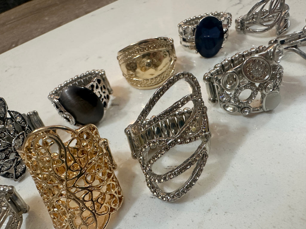Lot of 10 Paparazzi Statement Rings | Stretch Cocktail Rings | Rhinestone Fashion Rings | Gold Silver Tone Jewelry Bundle