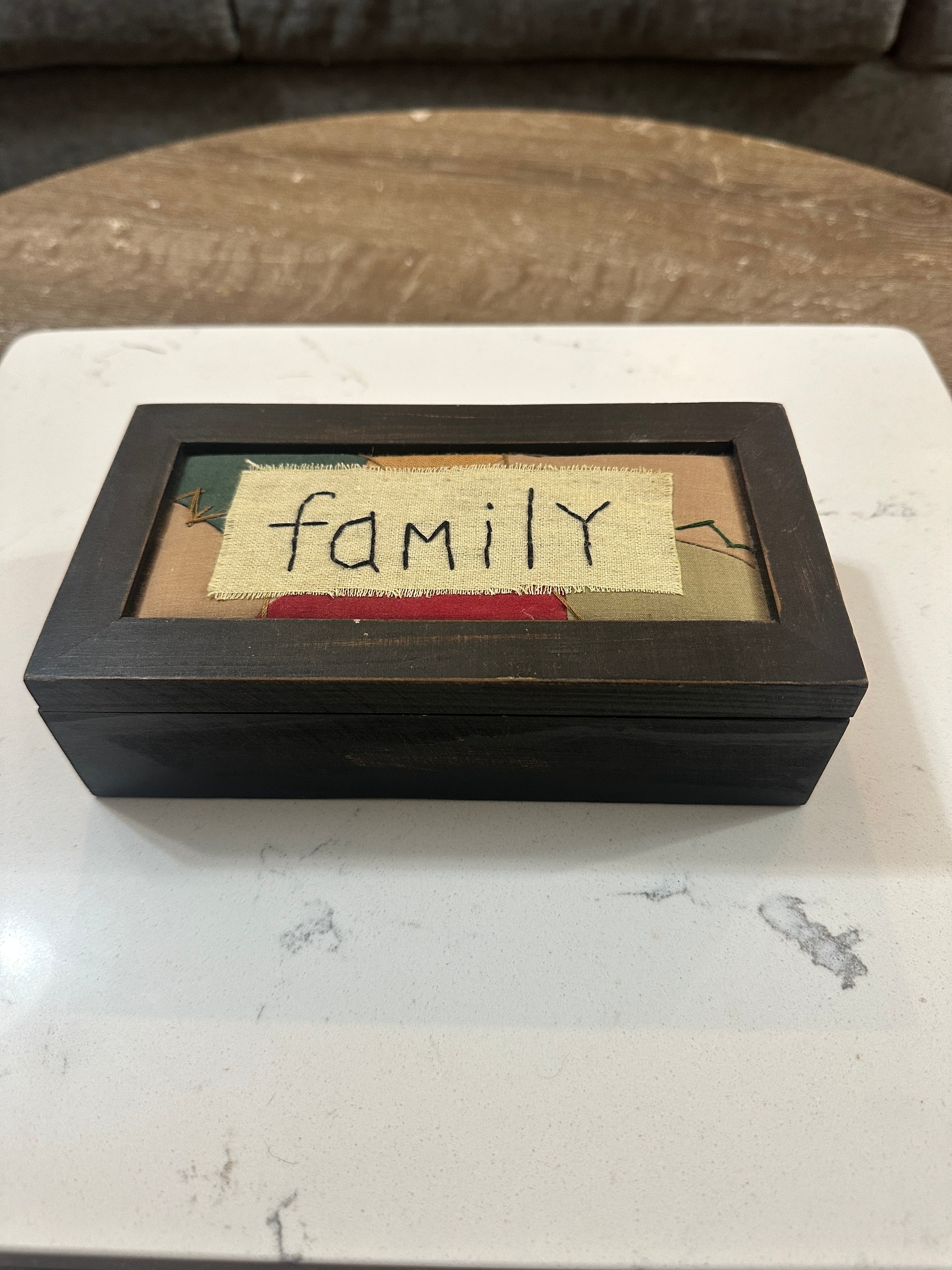 Primitive Family Keepsake Box | Rustic Wood Shadowbox Lid | Hand Stitched Fabric Folk Art | Farmhouse Memory Box